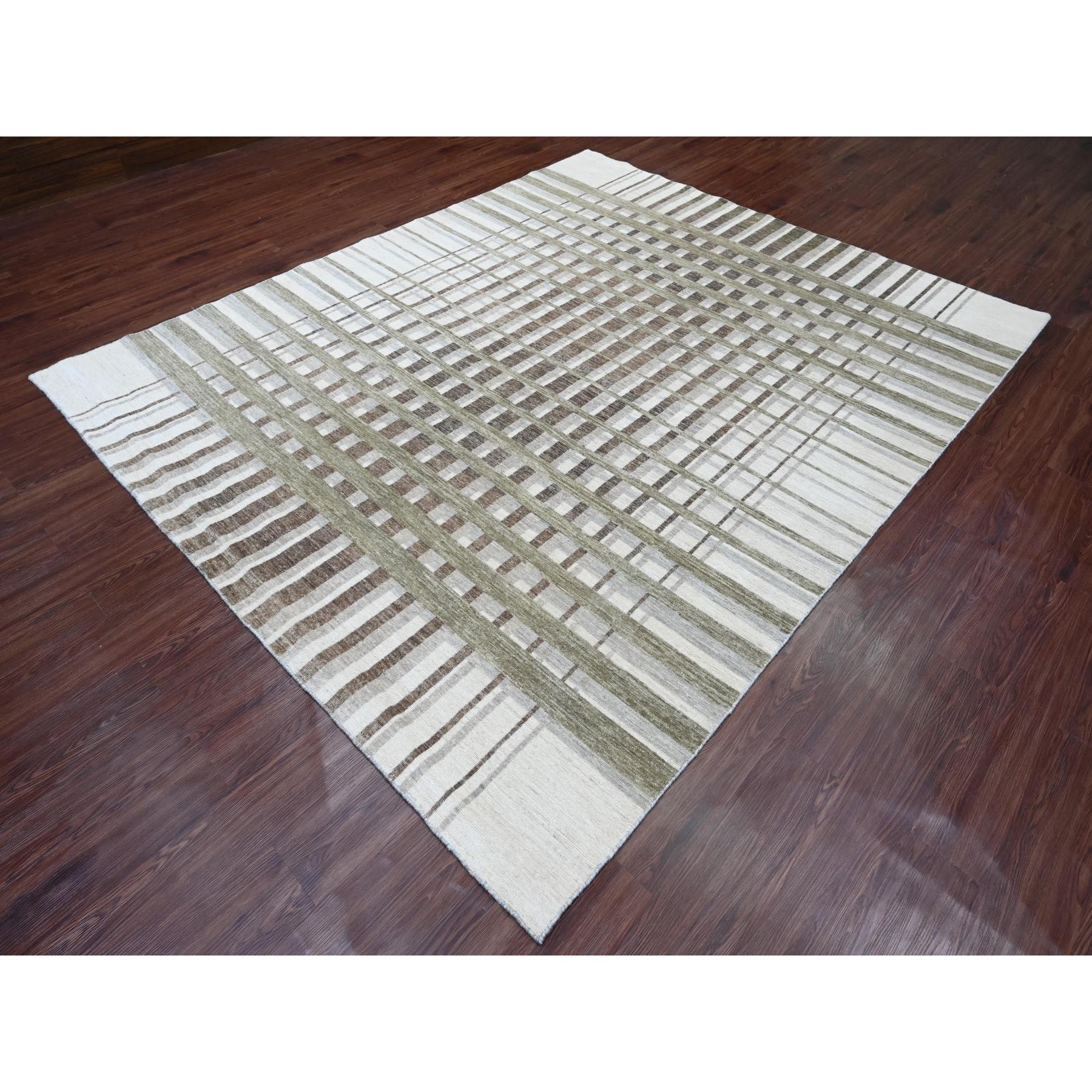 8'x9'9" Dark Vanilla Brown, Bauhaus Inspired Criss Cross Line Design, Hand Knotted, Soft and Velvety Wool, Oriental Rug Sh89773