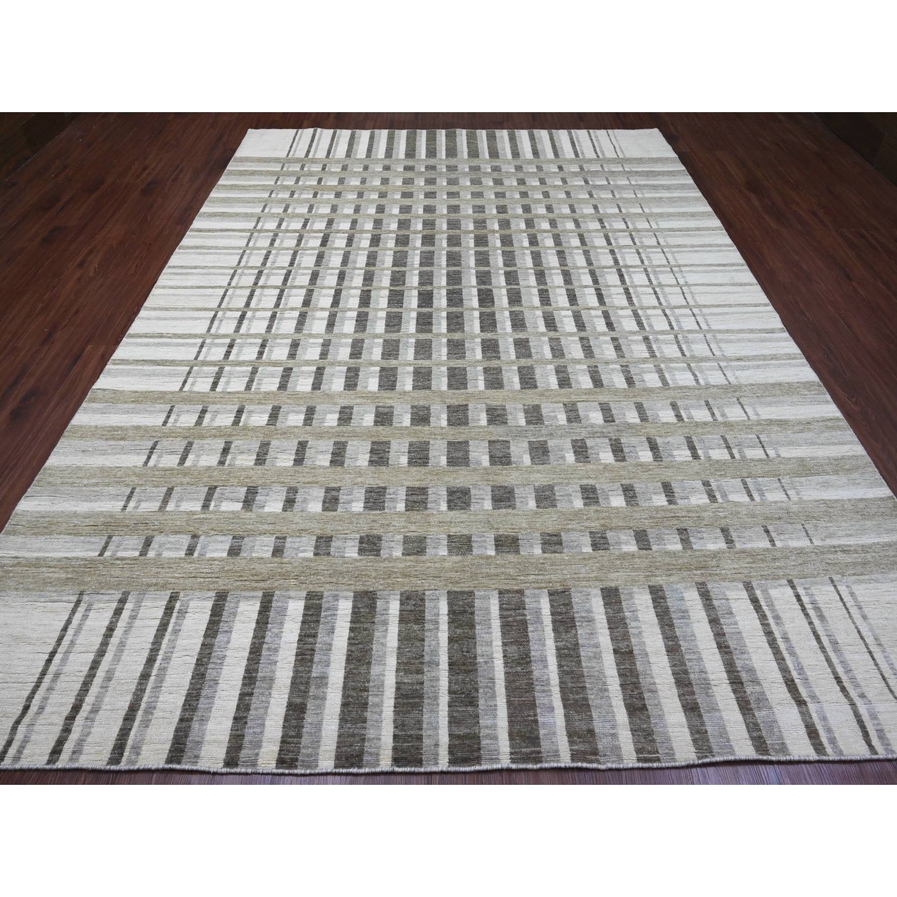 8'8"x11'8" Beaver Brown, Bauhaus Inspired Criss Cross Line Design, Hand Knotted, 100% Wool, Oriental Rug Sh89774