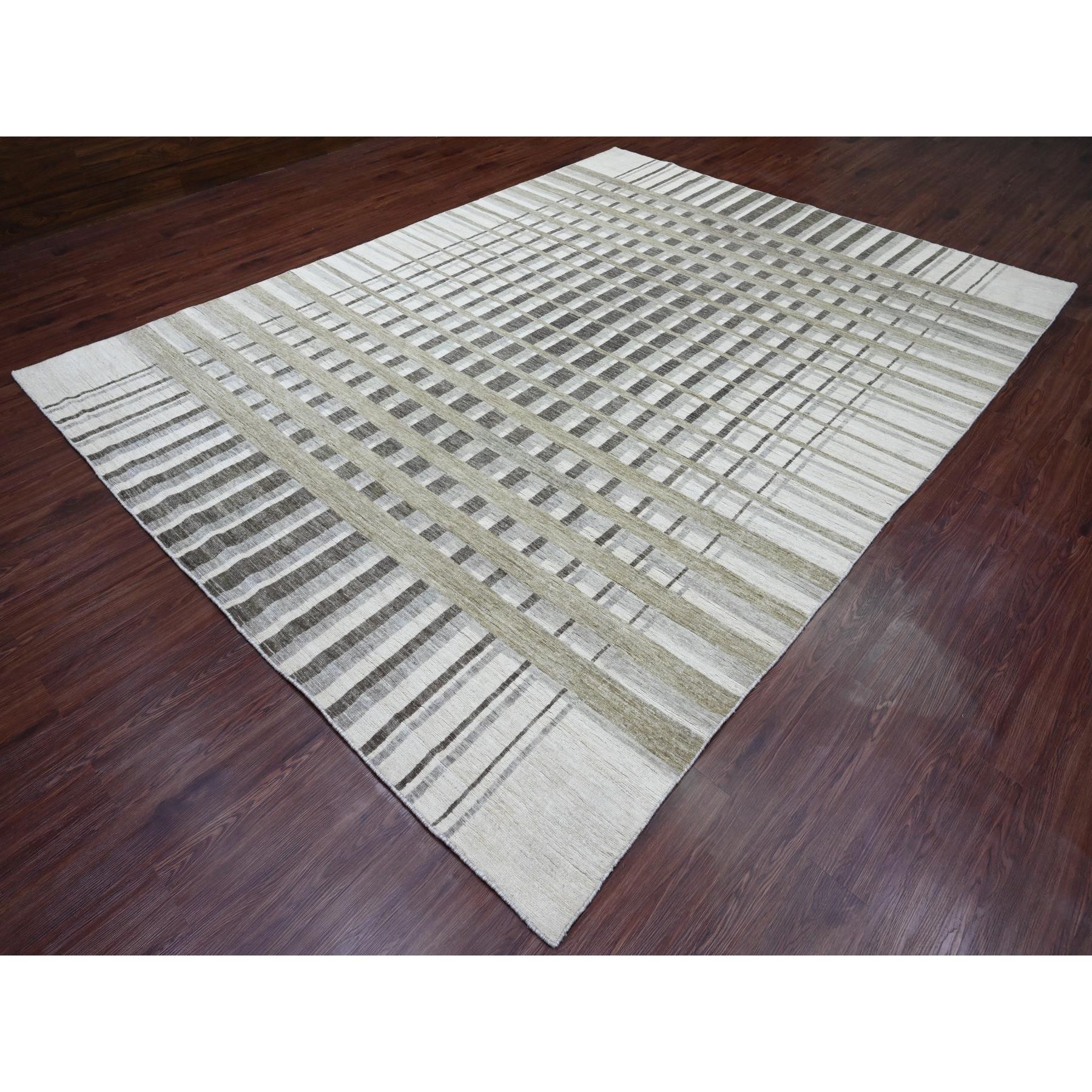 8'8"x11'8" Beaver Brown, Bauhaus Inspired Criss Cross Line Design, Hand Knotted, 100% Wool, Oriental Rug Sh89774