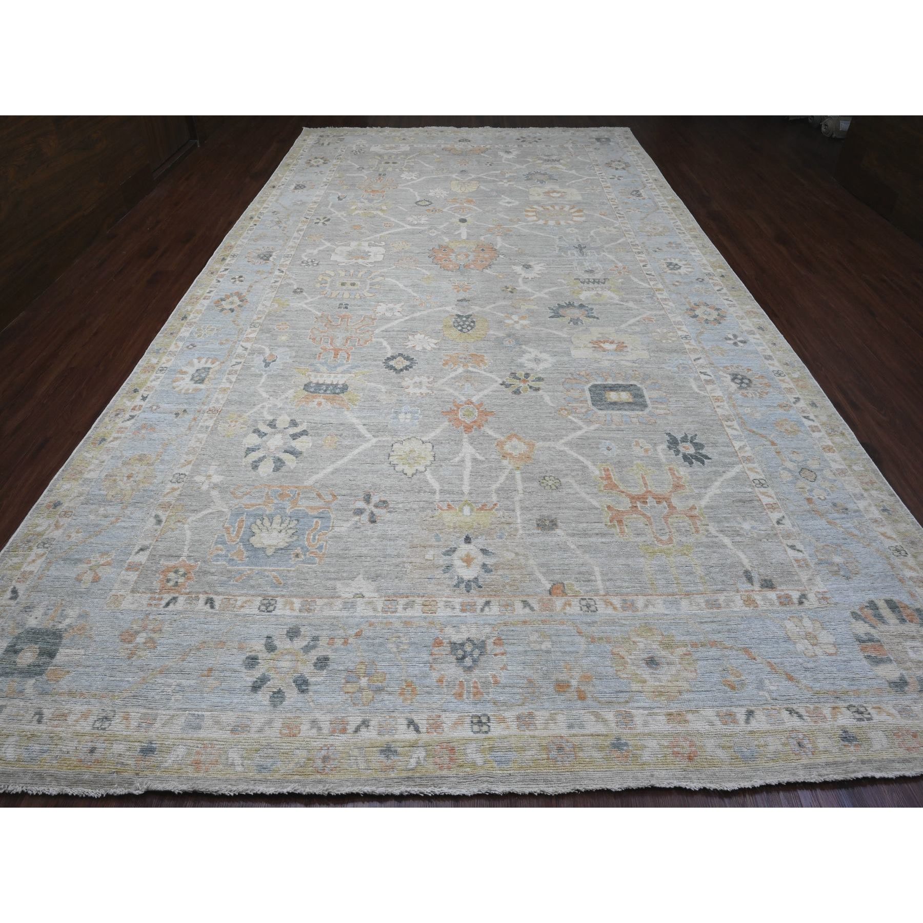 9'9"x17'3" Spanish Gray, 100% Wool, Afghan Angora Oushak with All Over Vines Design, Natural Dyes, Hand Knotted, Galley Size, Wide Runner, Oriental Rug Sh89775