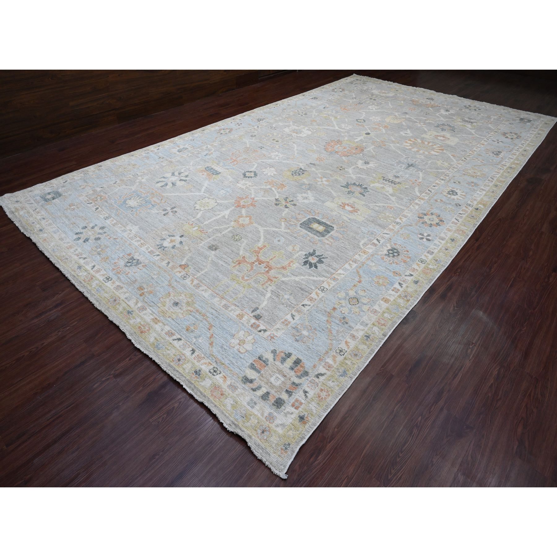 9'9"x17'3" Spanish Gray, 100% Wool, Afghan Angora Oushak with All Over Vines Design, Natural Dyes, Hand Knotted, Galley Size, Wide Runner, Oriental Rug Sh89775