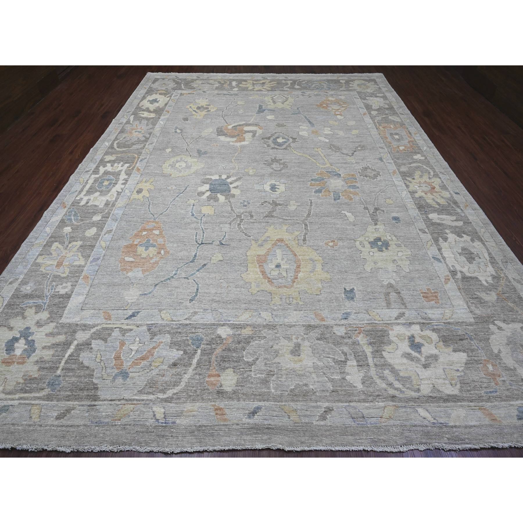 10'x13'8" Medium Gray, Hand Knotted, Colorful Leaf Design, Afghan Angora Oushak, Veggie Dyes, Pure Wool, Oriental Rug Sh89776
