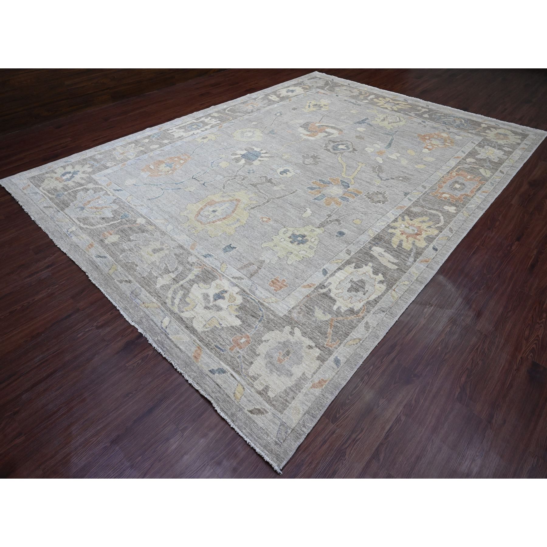 10'x13'8" Medium Gray, Hand Knotted, Colorful Leaf Design, Afghan Angora Oushak, Veggie Dyes, Pure Wool, Oriental Rug Sh89776