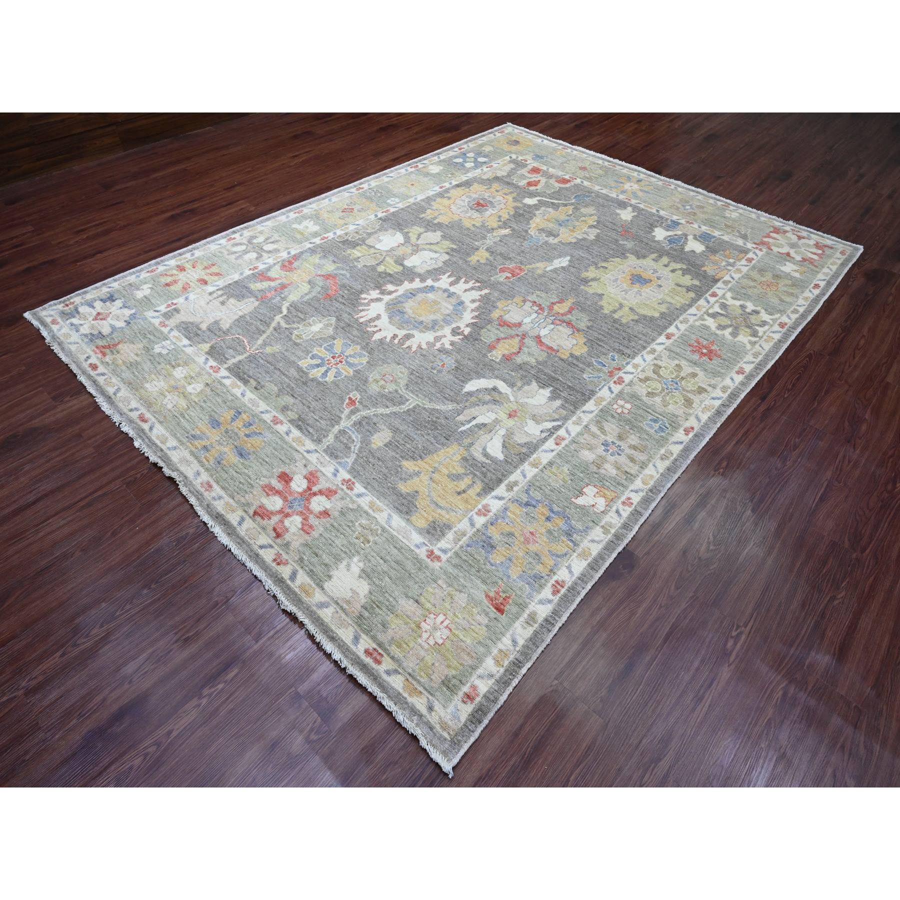 8'x10'6" Dim Gray, Afghan Angora Oushak with Floral Design, Natural Dyes, Pure Wool, Hand Knotted, Oriental Rug Sh89778