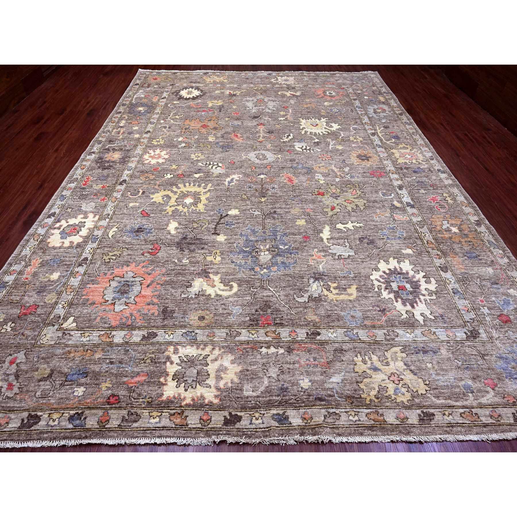 10'x13'7" Cedar Brown, Pure Wool, Afghan Angora Oushak with Colorful Leaf Design, Vegetable Dyes, Hand Knotted, Oriental Rug Sh89780
