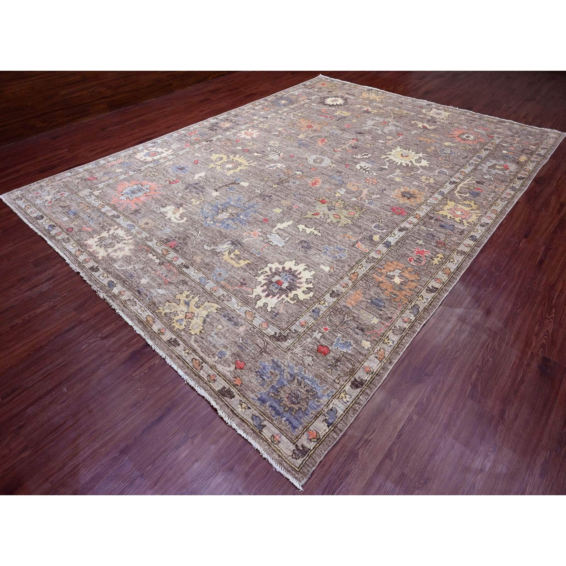 10'x13'7" Cedar Brown, Pure Wool, Afghan Angora Oushak with Colorful Leaf Design, Vegetable Dyes, Hand Knotted, Oriental Rug Sh89780