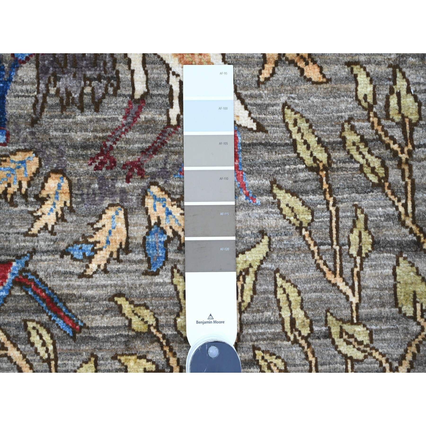6'x8'8" Nickel Gray, Afghan Peshawar with Colorful Birds of Paradise Design, Vegetable Dyes, Hand Knotted, Soft Wool, Oriental Rug Sh89783
