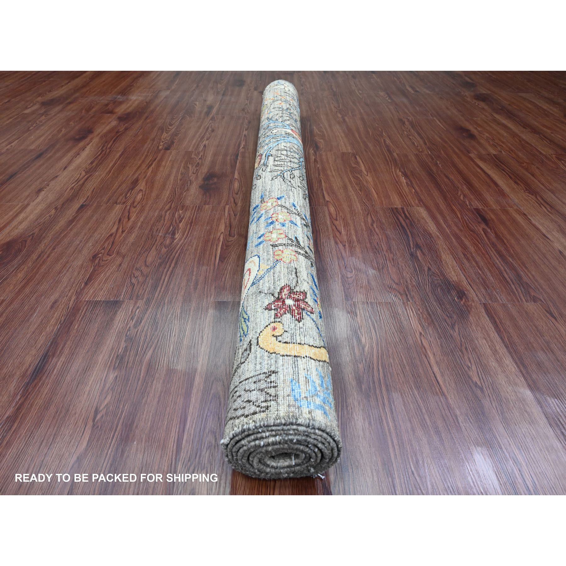 6'x8'8" Nickel Gray, Afghan Peshawar with Colorful Birds of Paradise Design, Vegetable Dyes, Hand Knotted, Soft Wool, Oriental Rug Sh89783