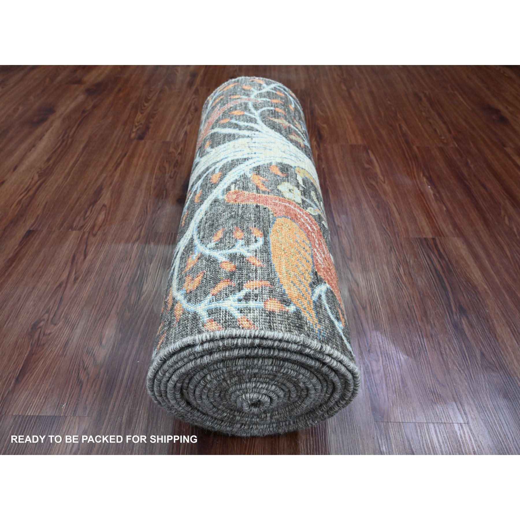 2'6"x23'8" Dim Gray, Hand Knotted, Afghan Peshawar with Birds of Paradise Design, Natural Dyes, Soft Wool, XL Runner, Oriental Rug Sh89793