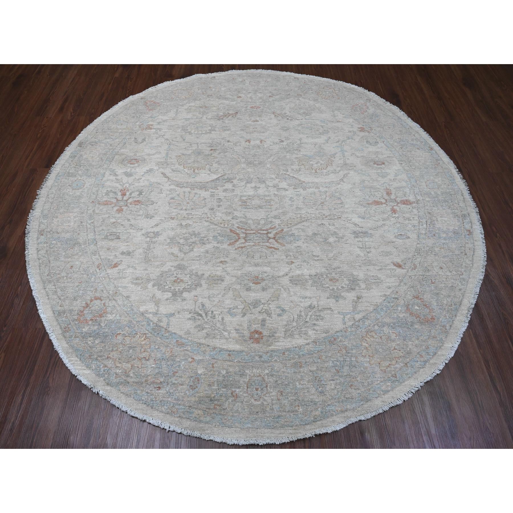 7'9"x7'9" Cascading White, Washed Out Peshawar with Heriz All Over Design, High Mountain Wool, Densely Woven, Hand Knotted, Round, Oriental Rug Sh89796