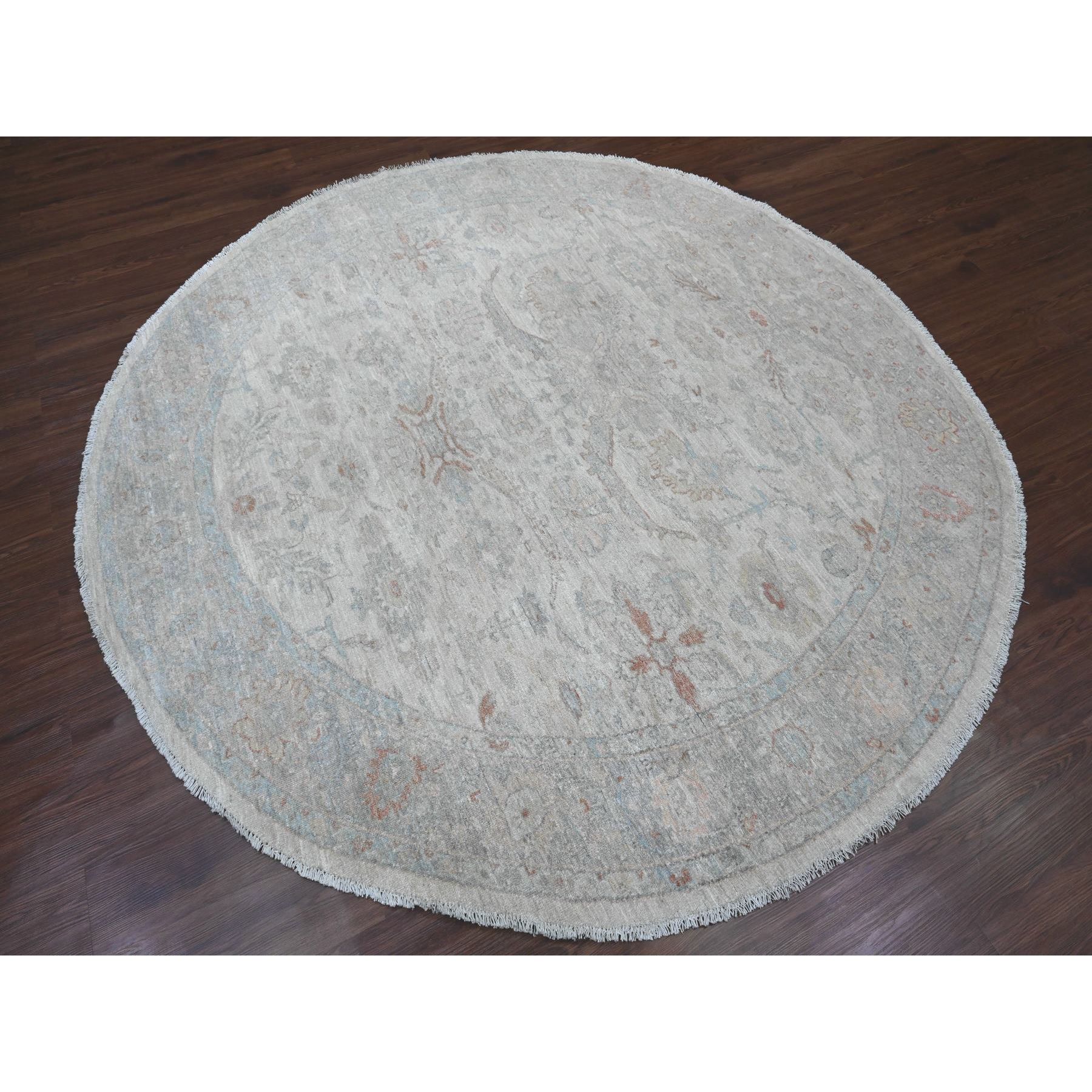 7'9"x7'9" Cascading White, Washed Out Peshawar with Heriz All Over Design, High Mountain Wool, Densely Woven, Hand Knotted, Round, Oriental Rug Sh89796
