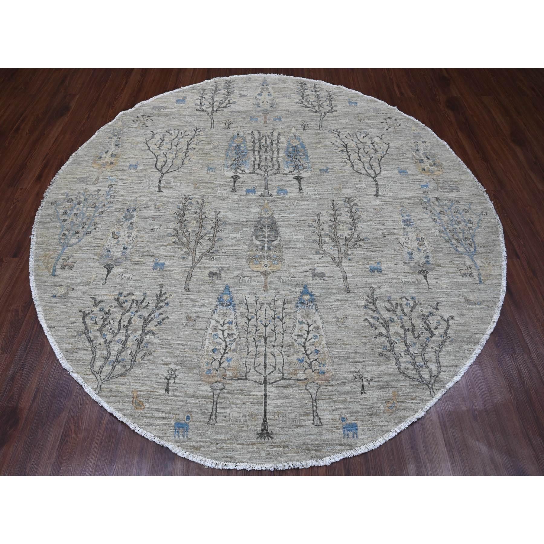 8'x8' Oyster Gray with Soft Colors, Peshawar, Willow and Cypress Tree Design, Hand Knotted, Densely Woven, 100% Wool, Round, Oriental Rug Sh89797