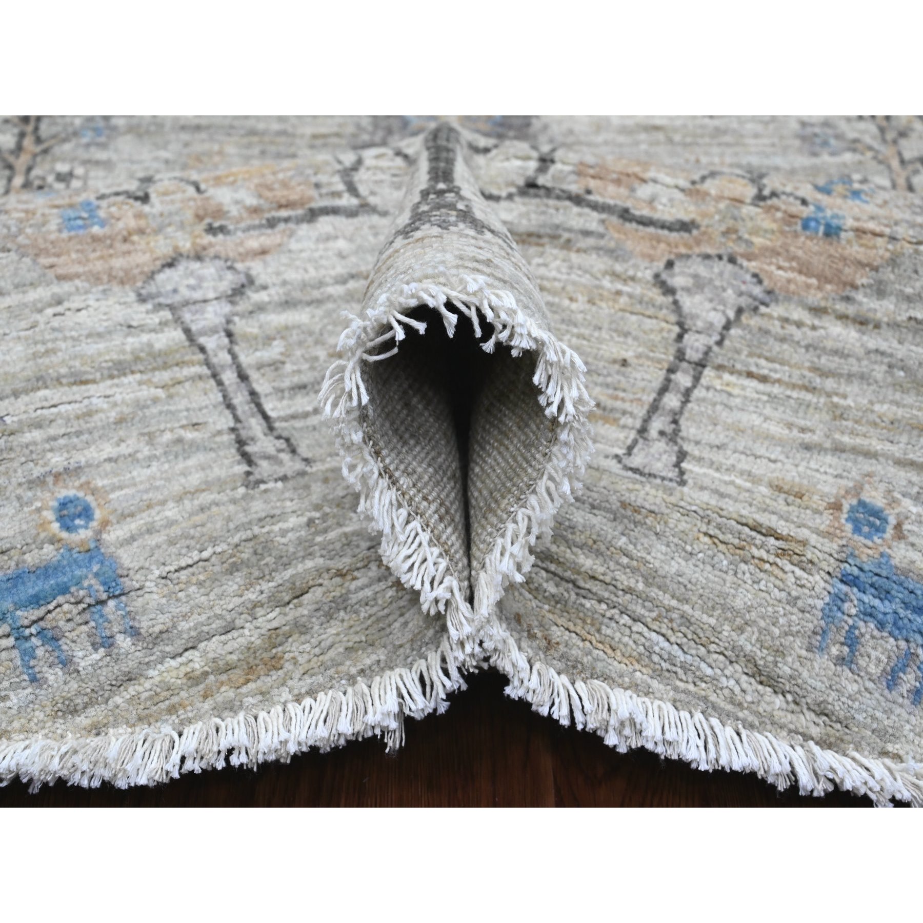 8'x8' Oyster Gray with Soft Colors, Peshawar, Willow and Cypress Tree Design, Hand Knotted, Densely Woven, 100% Wool, Round, Oriental Rug Sh89797