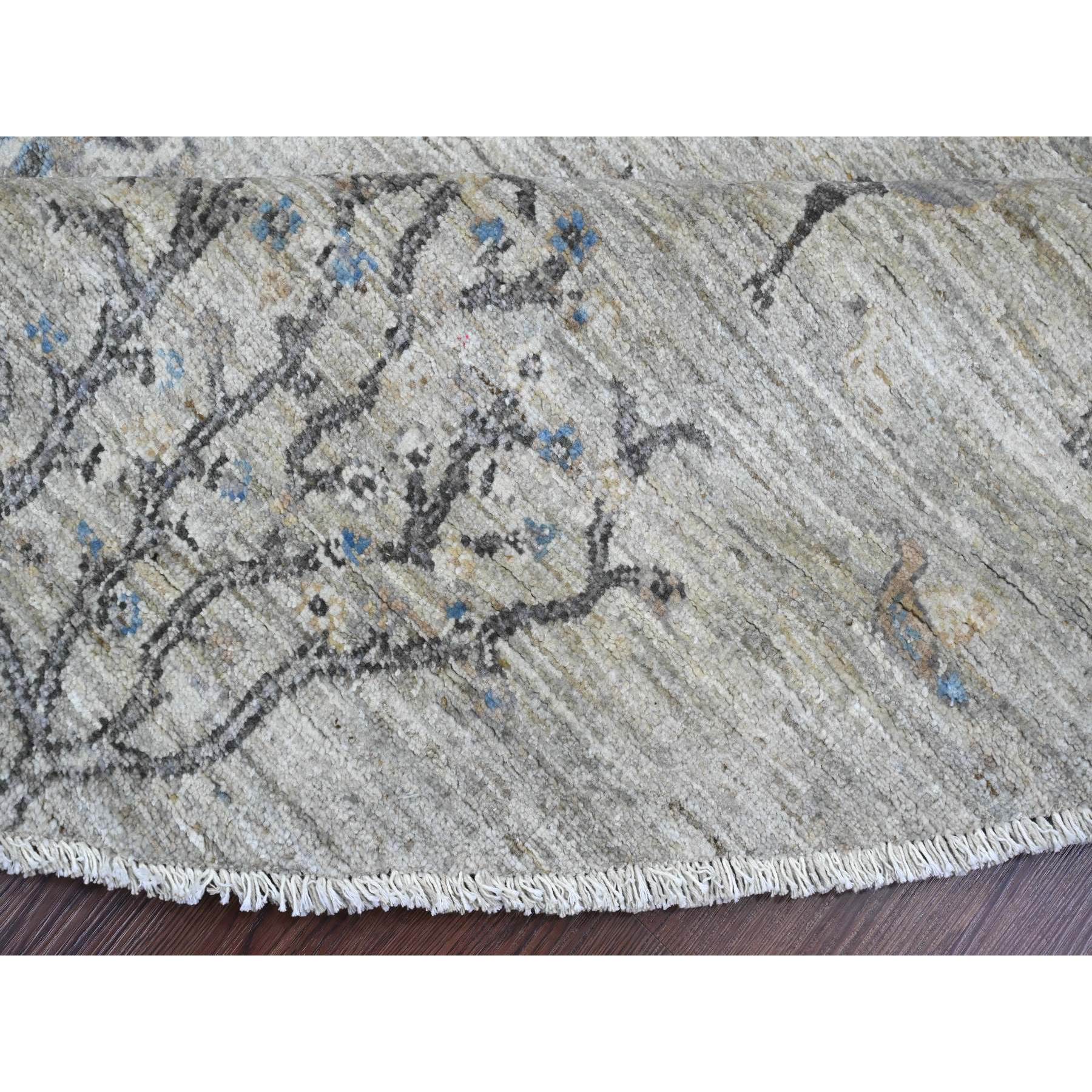 8'x8' Oyster Gray with Soft Colors, Peshawar, Willow and Cypress Tree Design, Hand Knotted, Densely Woven, 100% Wool, Round, Oriental Rug Sh89797