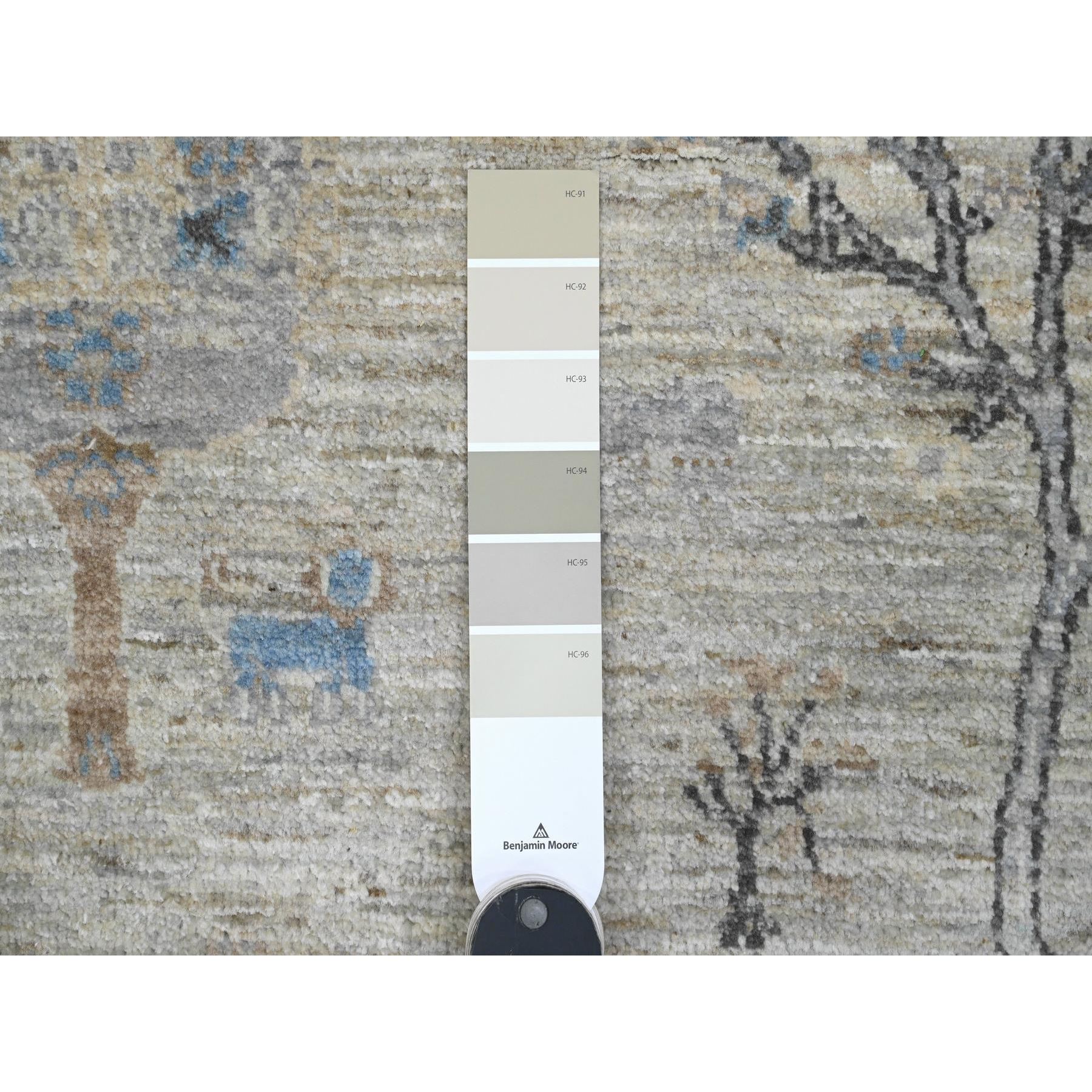 8'x8' Oyster Gray with Soft Colors, Peshawar, Willow and Cypress Tree Design, Hand Knotted, Densely Woven, 100% Wool, Round, Oriental Rug Sh89797