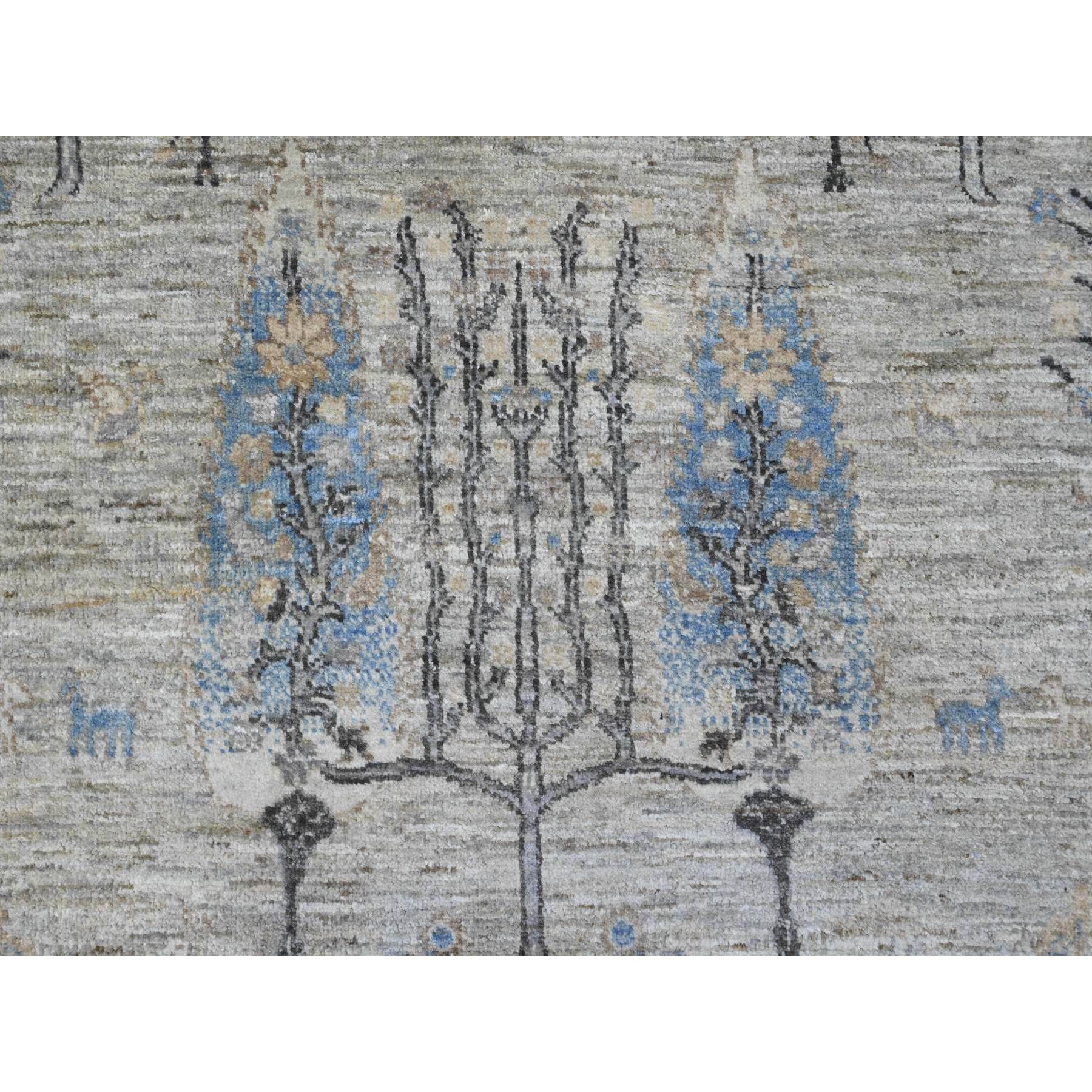 8'x8' Oyster Gray with Soft Colors, Peshawar, Willow and Cypress Tree Design, Hand Knotted, Densely Woven, 100% Wool, Round, Oriental Rug Sh89797
