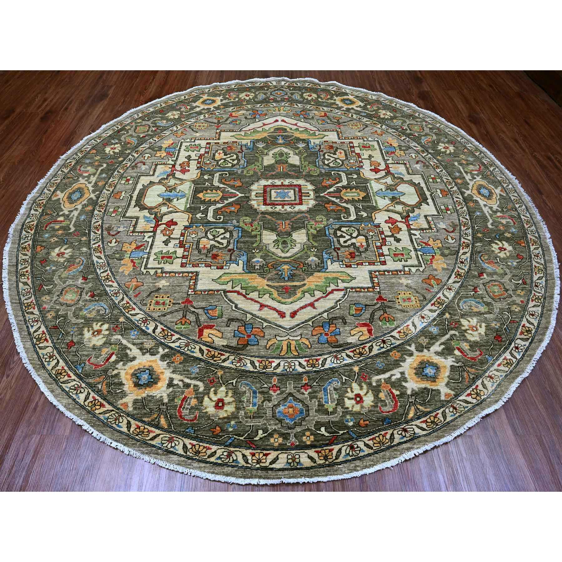 10'x10' Sonic Gray, Peshawar with Heriz Design, Densely Woven, Aryana Collection, High Mountain Wool, Hand Knotted, Vegetable Dyes, Round, Oriental Rug Sh89800