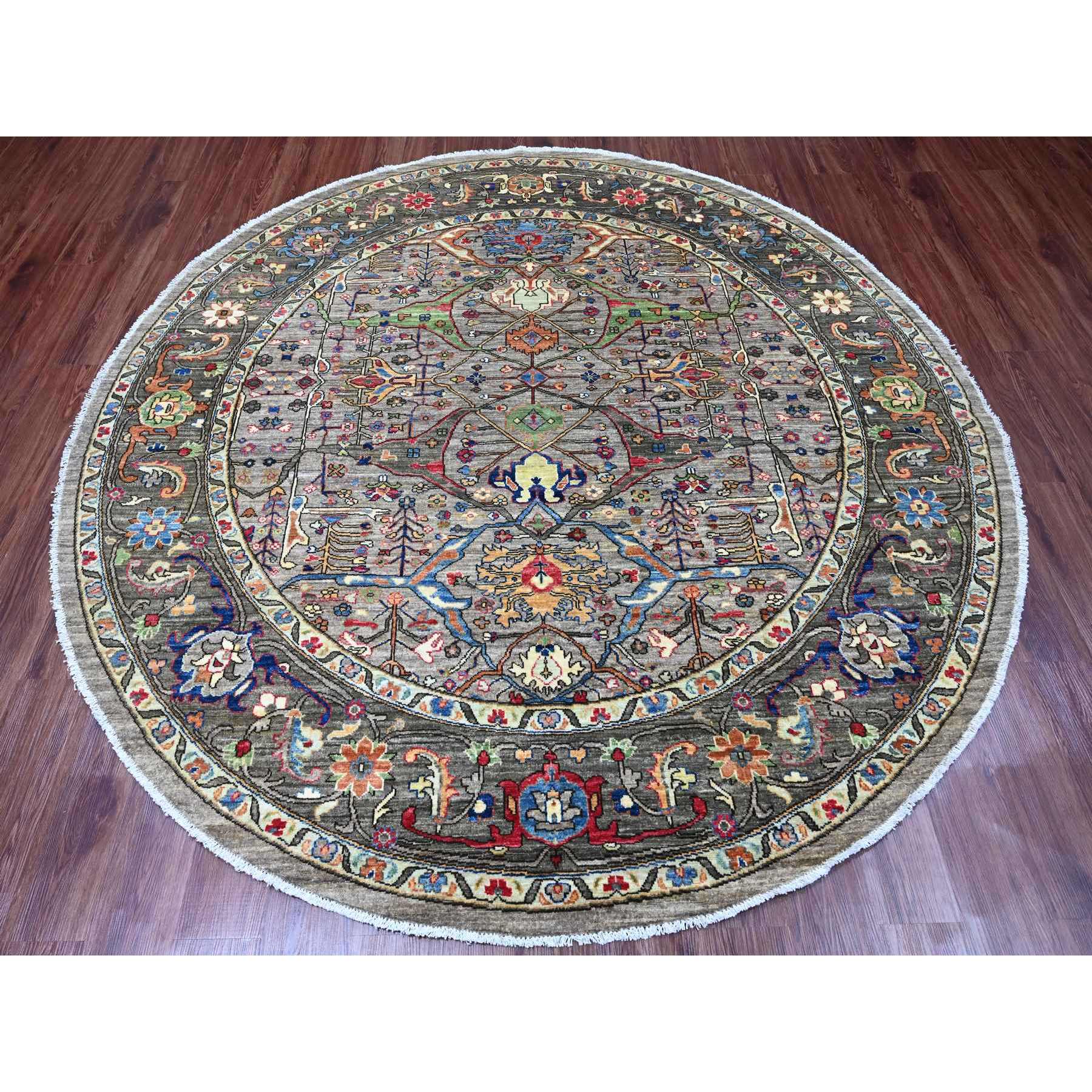 8'x8' Spanish Gray, Peshawar with Bijar Garus Design, Aryana Grade, Vegetable Dyes, Hand Knotted, Densely Woven, High Mountain Wool, Round, Oriental Rug Sh89812