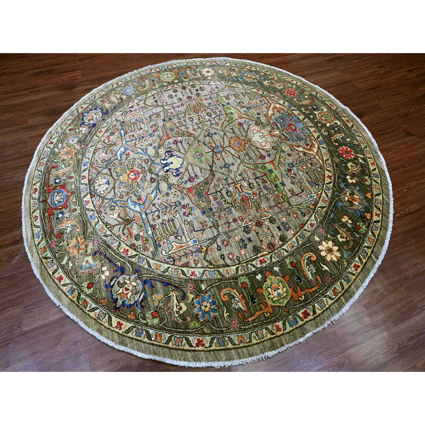 8'x8' Spanish Gray, Peshawar with Bijar Garus Design, Aryana Grade, Vegetable Dyes, Hand Knotted, Densely Woven, High Mountain Wool, Round, Oriental Rug Sh89812