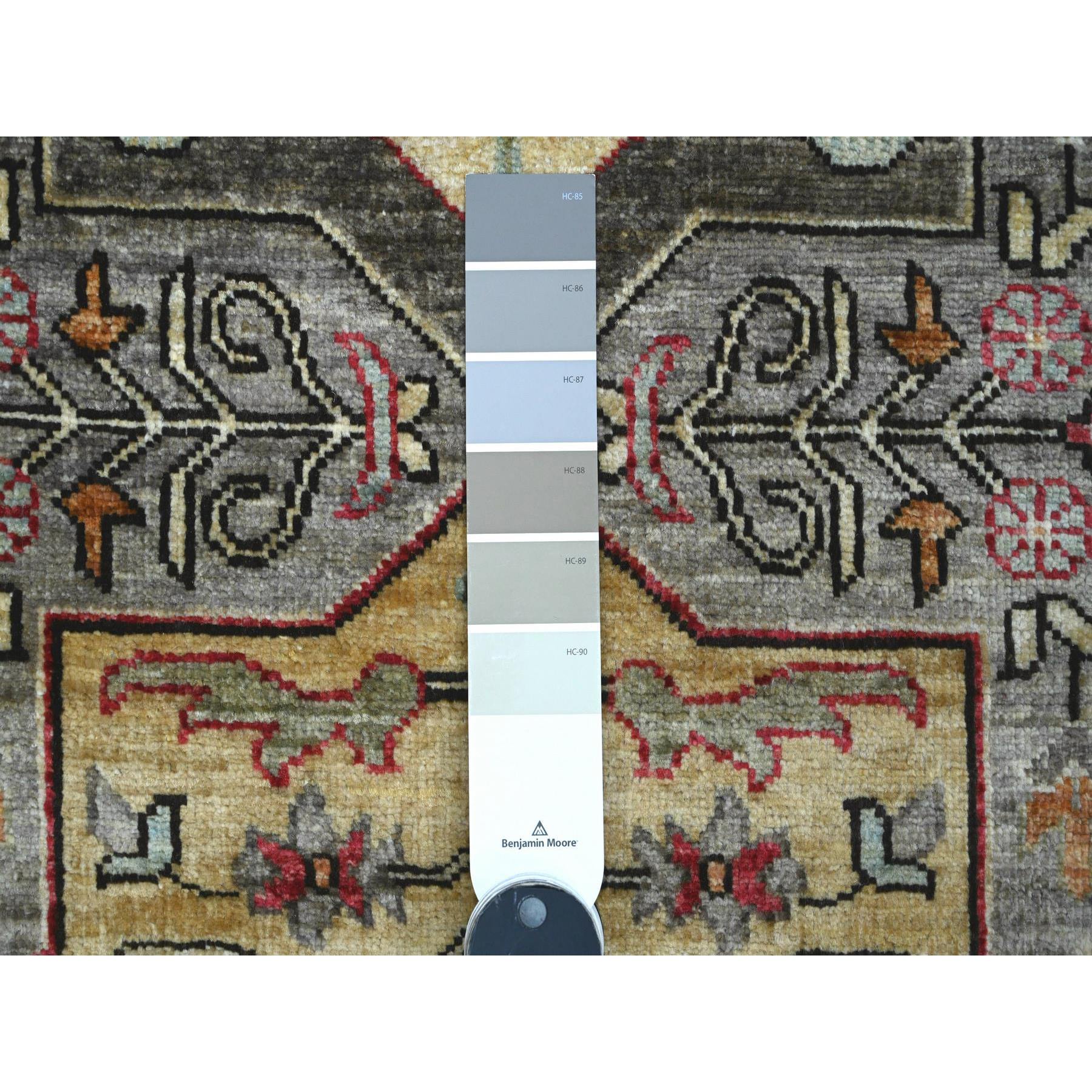 2'6"x5'10" Sonic Gray, Afghan Peshawar with Caucasian Akstafa Design, High Mountain Wool, Aryana Collection, Hand Knotted, Runner, Oriental Rug Sh89820