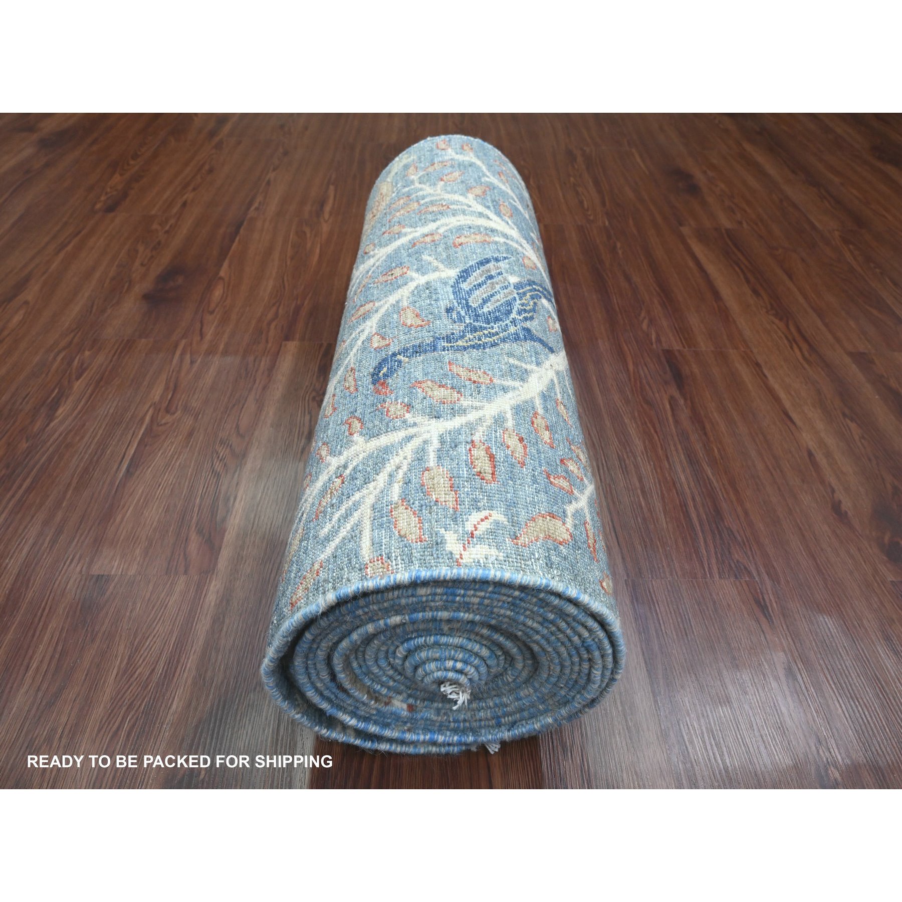 2'6"x25'7" Carolina Blue, Afghan Peshawar with Birds of Paradise Design, Hand Knotted, Vegetable Dyes, Soft Wool, XL Runner, Oriental Rug Sh89823
