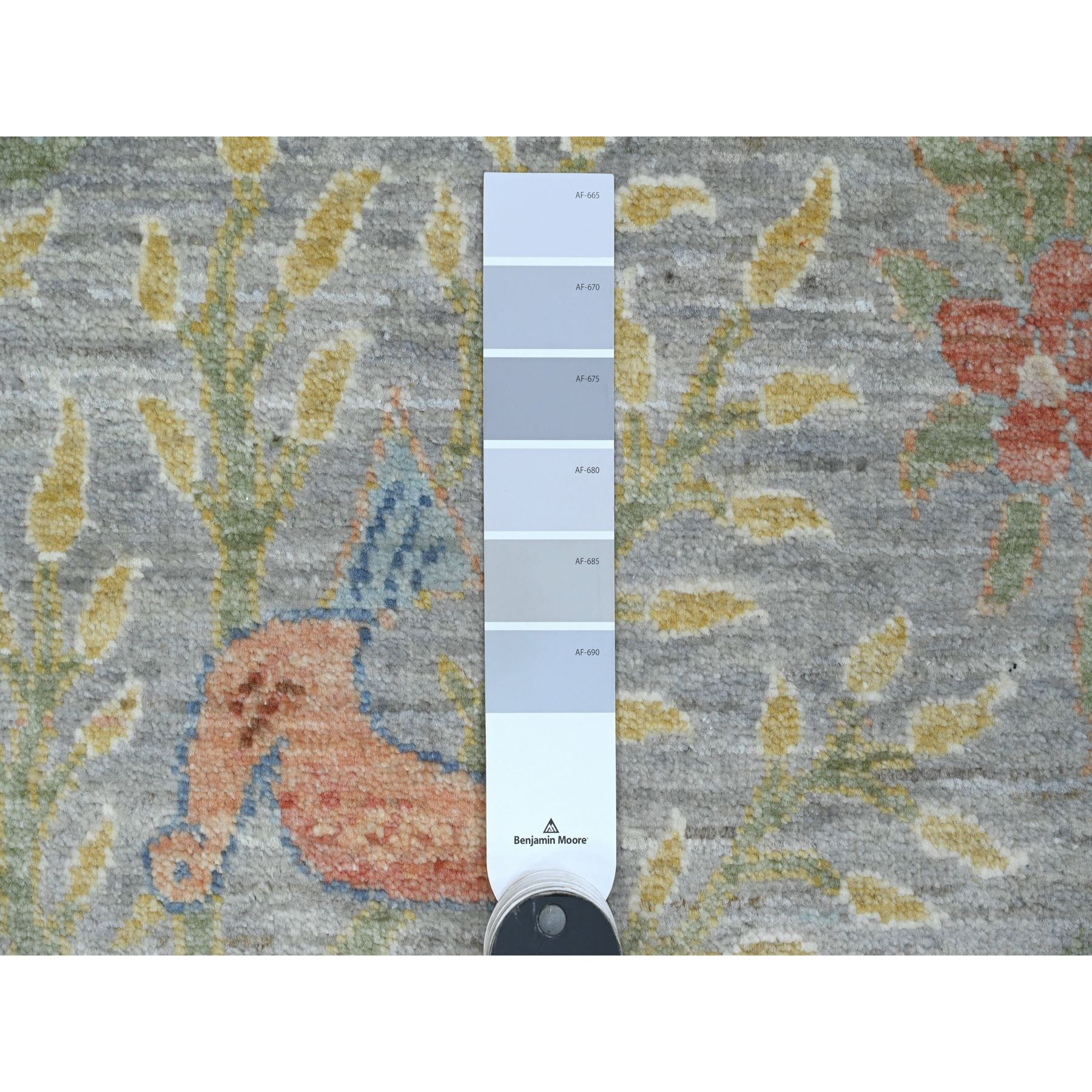 2'6"x16' Nevada Gray, Hand Knotted, Afghan Peshawar with Birds of Paradise Design, Soft Wool, Natural Dyes, XL Runner, Oriental Rug Sh89824