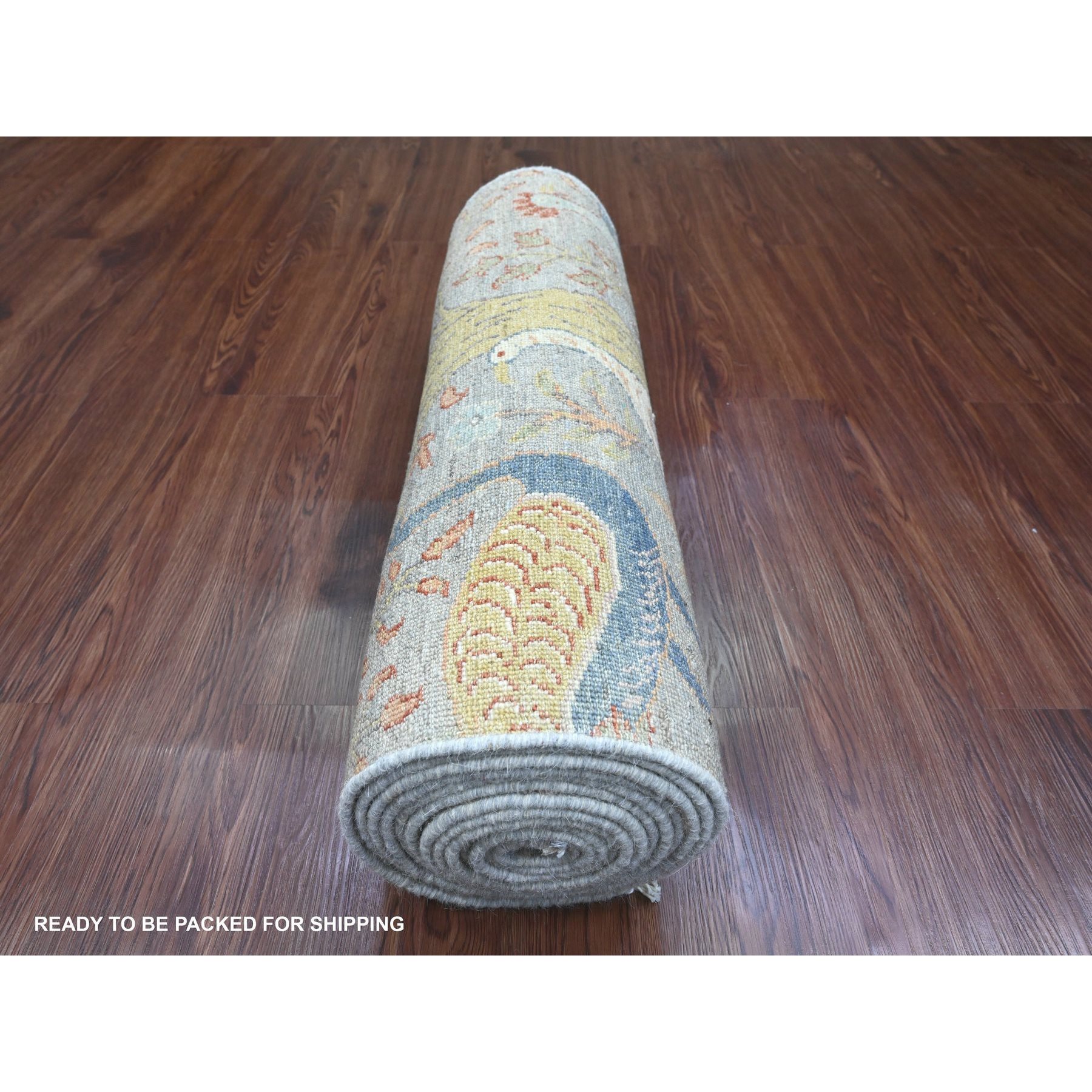 2'6"x16' Nevada Gray, Hand Knotted, Afghan Peshawar with Birds of Paradise Design, Soft Wool, Natural Dyes, XL Runner, Oriental Rug Sh89824
