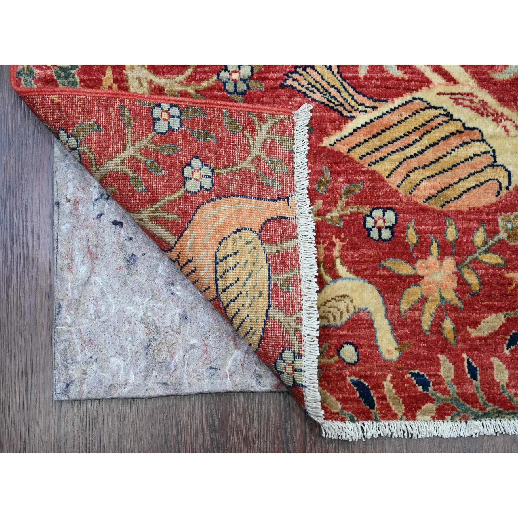 3'10"x16'2" Crimson Red, Afghan Peshawar with Birds of Paradise Design, Hand Knotted, Pure Wool, Vegetable Dyes, XL, Wide Runner, Oriental Rug Sh89825