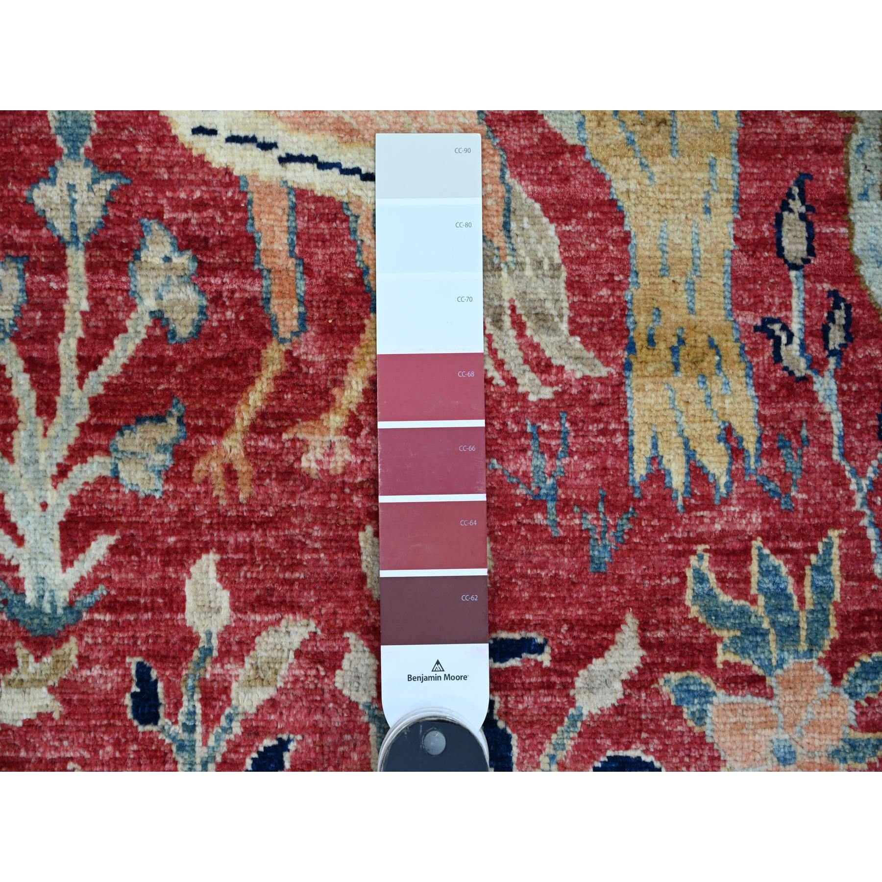 3'10"x16'2" Crimson Red, Afghan Peshawar with Birds of Paradise Design, Hand Knotted, Pure Wool, Vegetable Dyes, XL, Wide Runner, Oriental Rug Sh89825