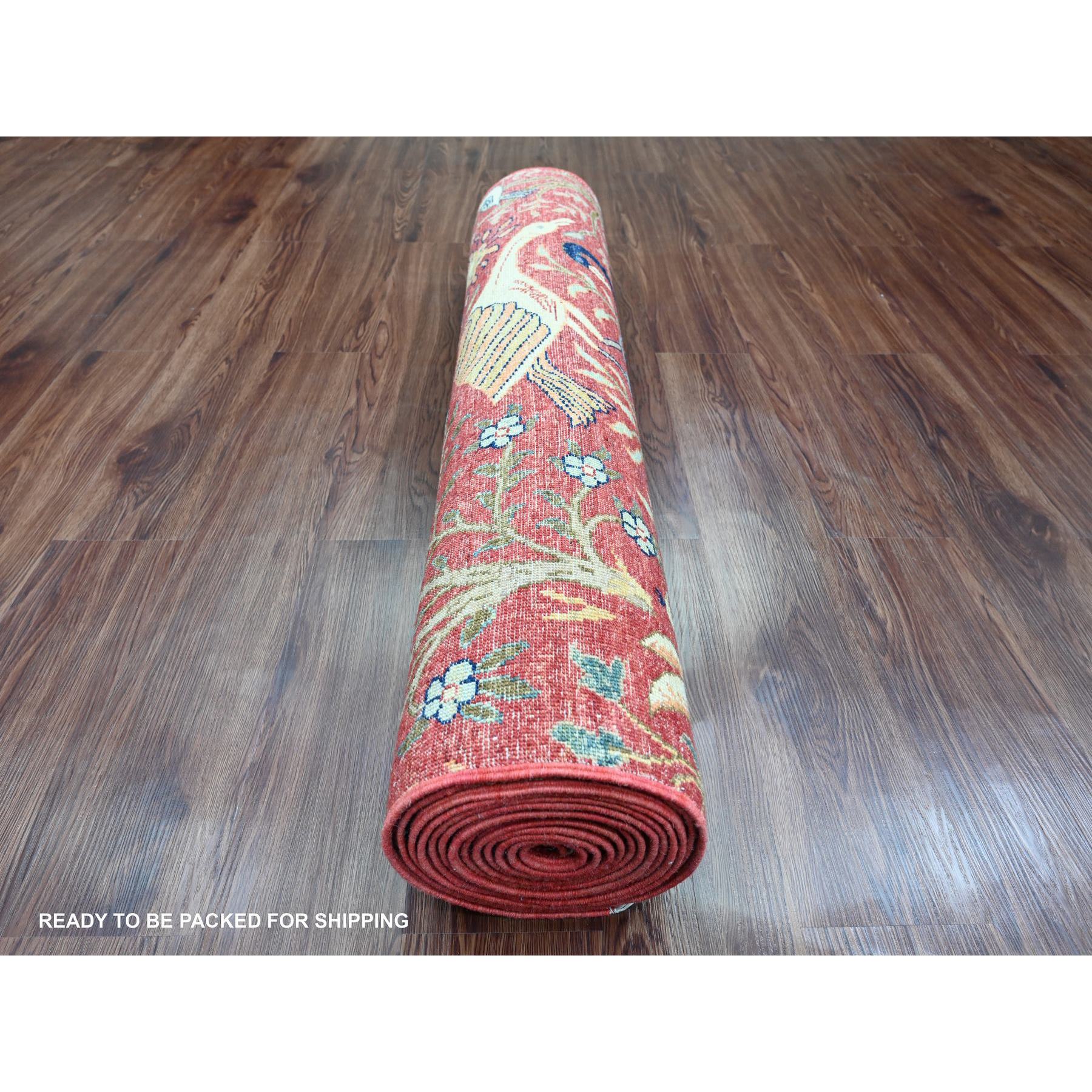 3'10"x16'2" Crimson Red, Afghan Peshawar with Birds of Paradise Design, Hand Knotted, Pure Wool, Vegetable Dyes, XL, Wide Runner, Oriental Rug Sh89825