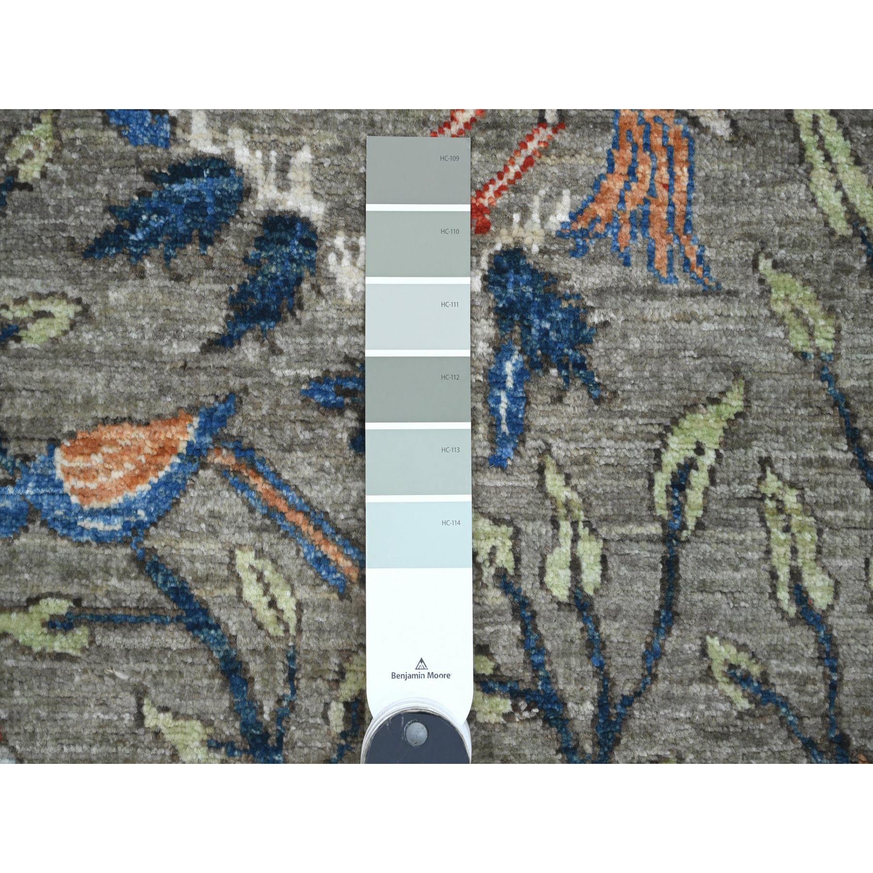 5'x6'10" Sonic Gray, Hand Knotted, Afghan Peshawar with Birds of Paradise Design, Soft Wool, Vegetable Dyes, Oriental Rug Sh89829