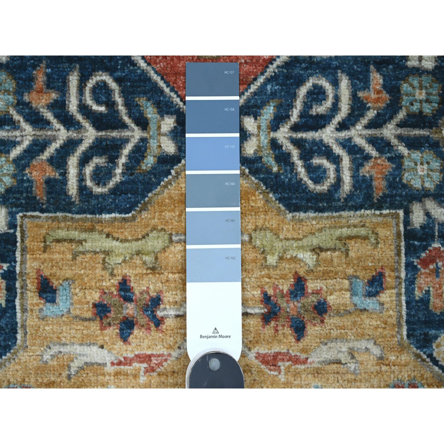 2'5"x6' Yale Blue, Afghan Peshawar with Caucasian Akstafa Design, Aryana Collection, High Mountain Wool, Hand Knotted, Runner, Oriental Rug Sh89832