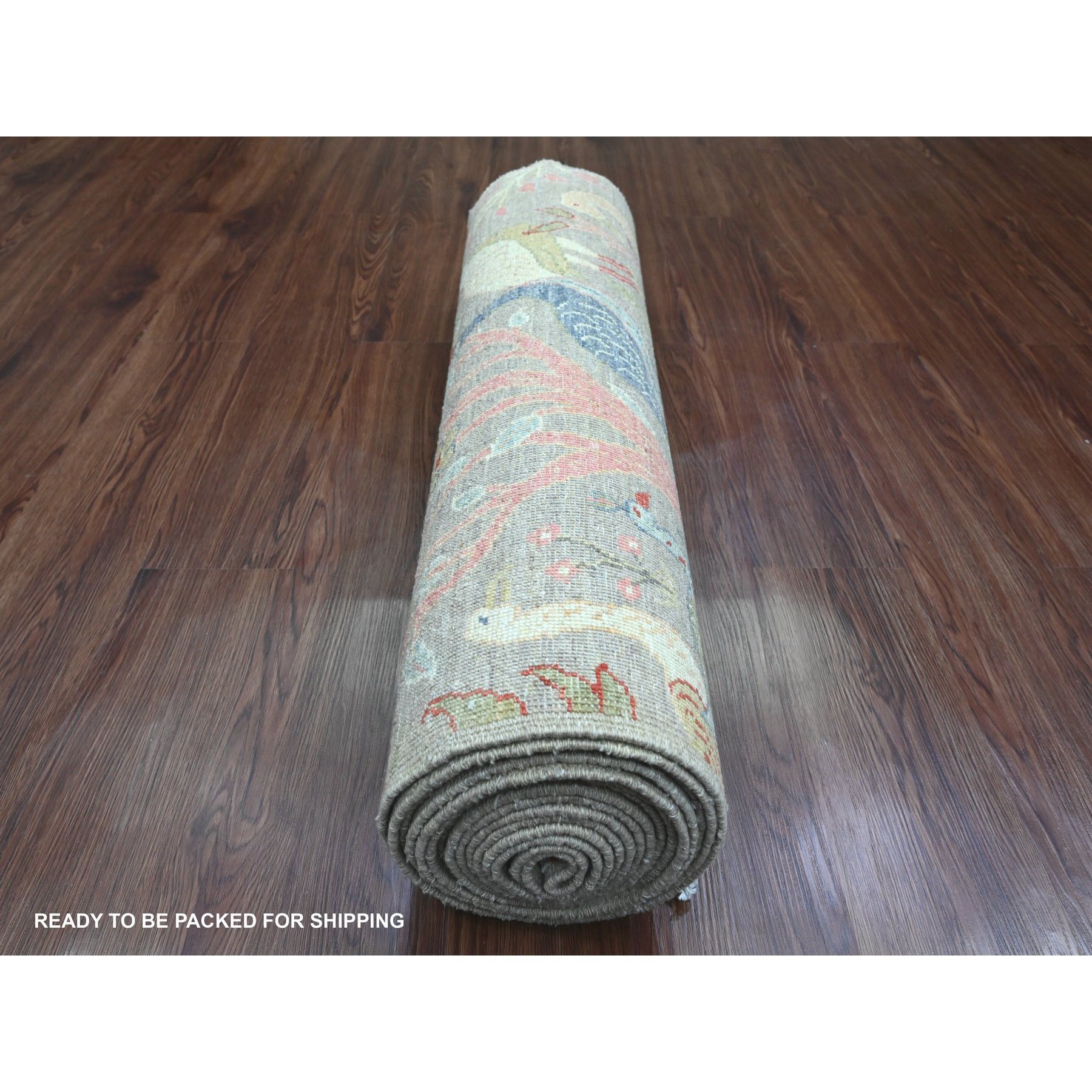 3'x19'5" Medium Gray, Afghan Peshawar with Birds of Paradise Design, Vegetable Dyes, Hand Knotted, Soft Wool, XL Runner, Oriental Rug Sh89837