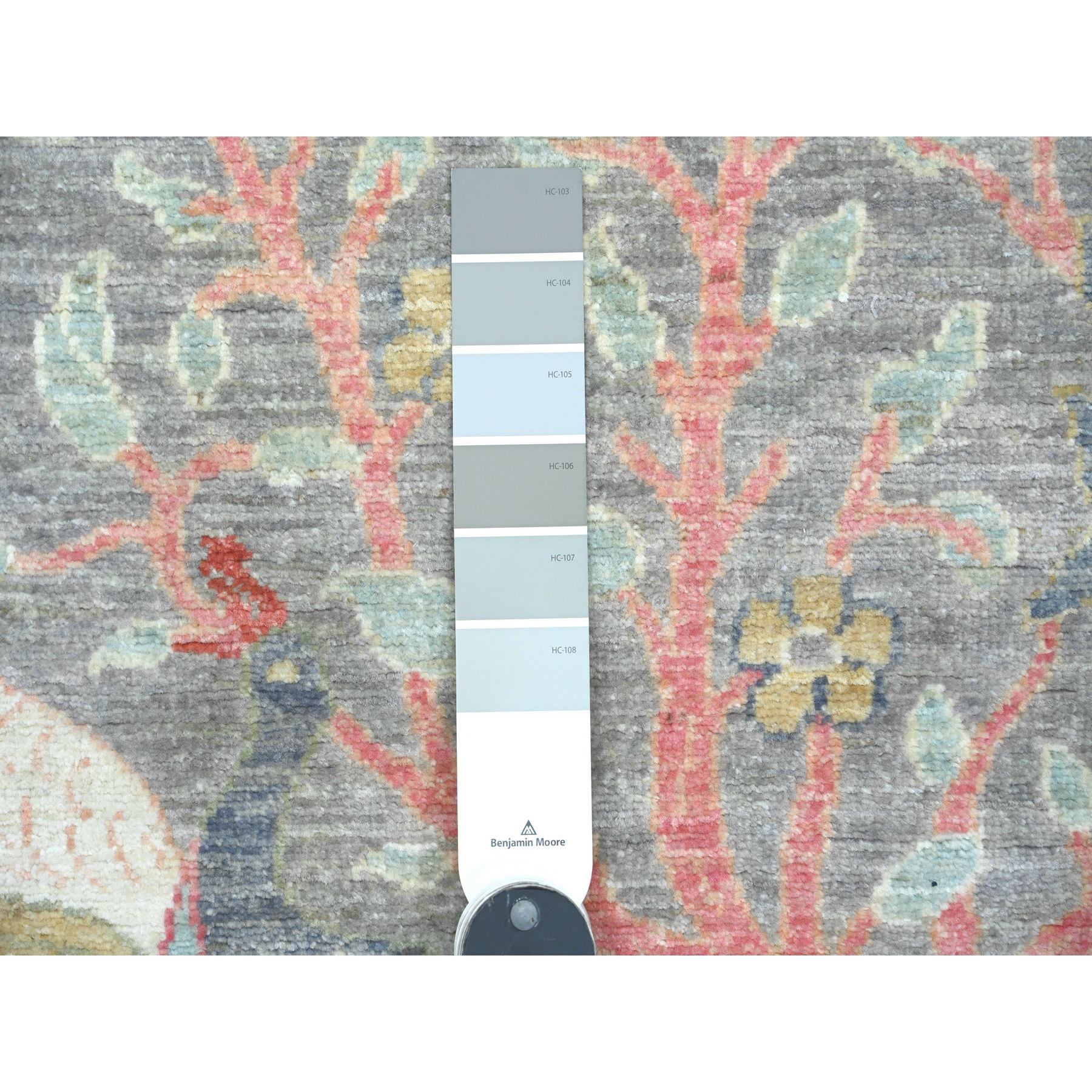 2'7"x11'8" Mink Gray, Afghan Peshawar with Birds of Paradise Design, Soft Wool, Natural Dyes, Hand Knotted, Runner, Oriental Rug Sh89839