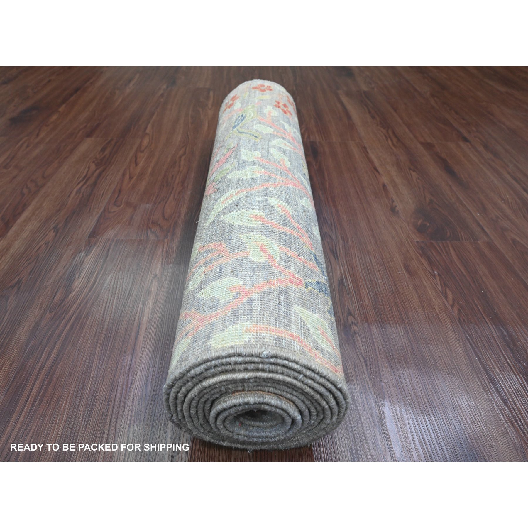 2'7"x11'8" Mink Gray, Afghan Peshawar with Birds of Paradise Design, Soft Wool, Natural Dyes, Hand Knotted, Runner, Oriental Rug Sh89839