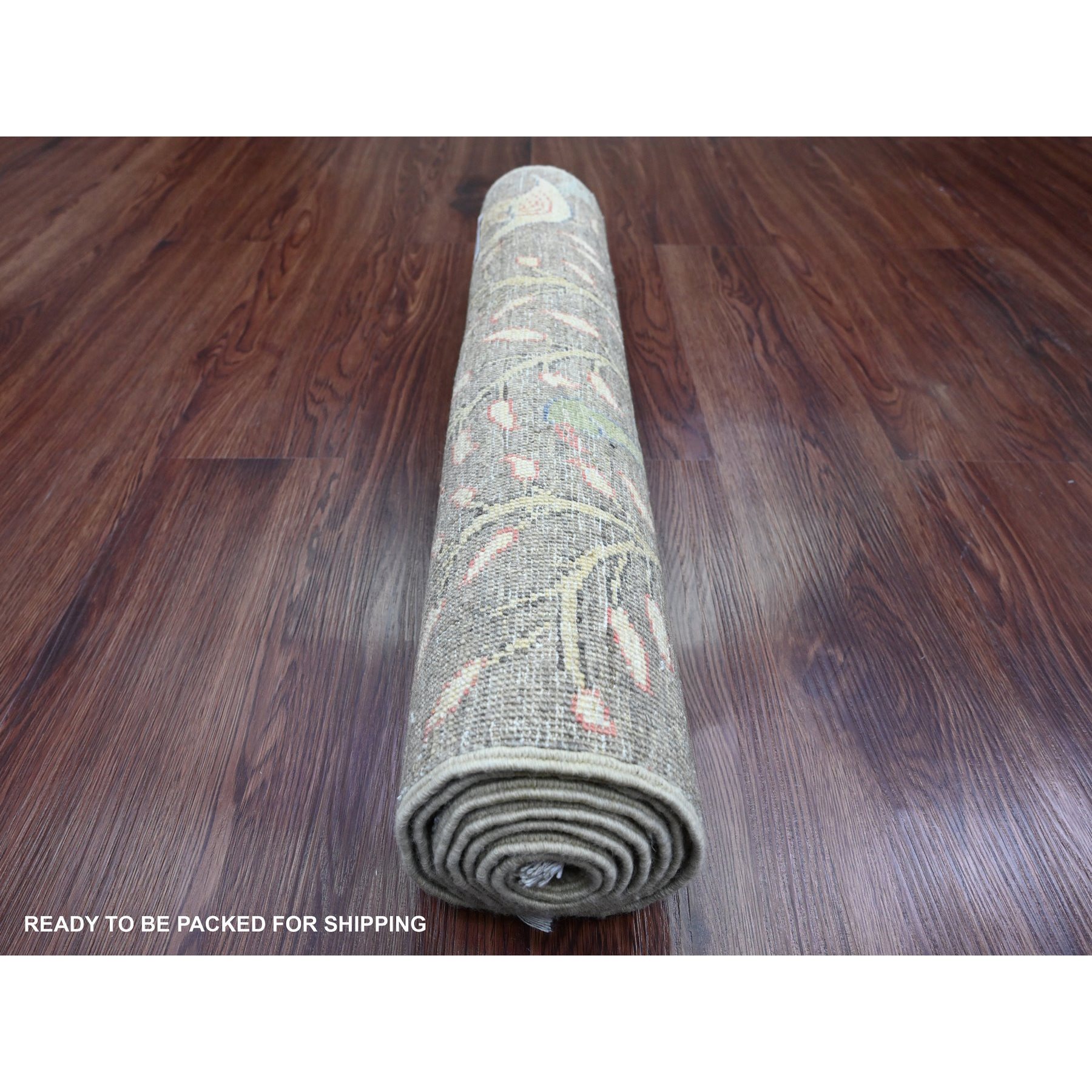2'4"x6'1" Stone Gray, Hand Knotted, Afghan Peshawar with Birds of Paradise Design, Veggie Dyes, 100% Wool, Runner, Oriental Rug Sh89840