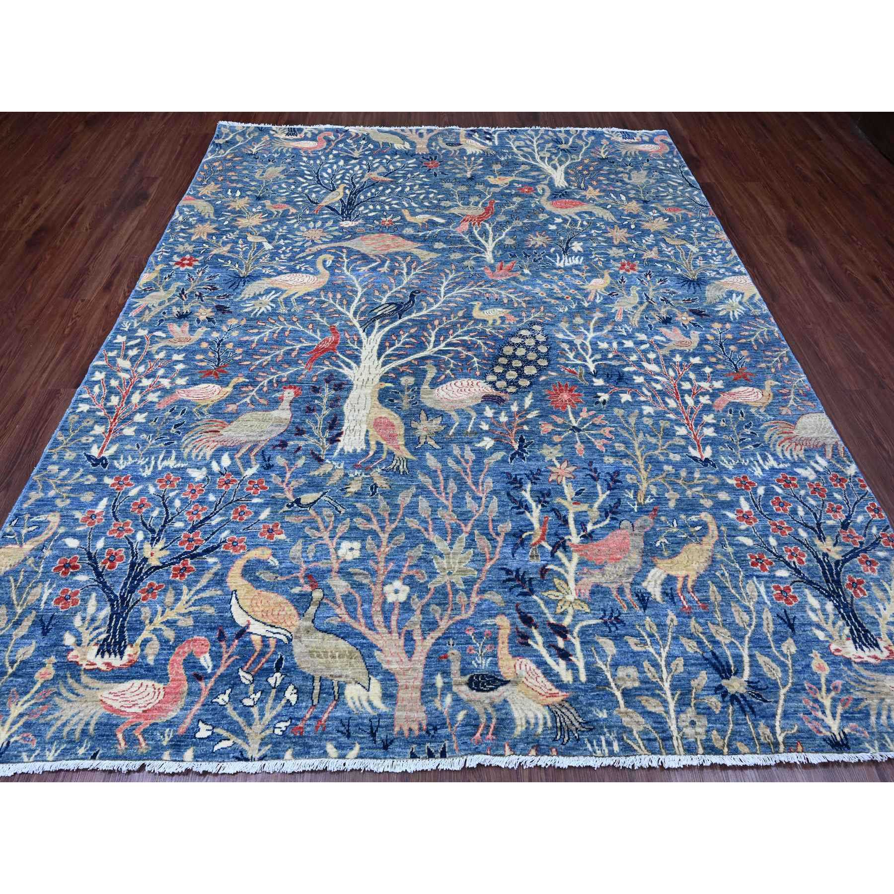 8'2"x9'8" Imperial Blue, Afghan Peshawar with Birds of Paradise Design, Soft and Shiny Wool, Natural Dyes, Hand Knotted, Oriental Rug Sh89847