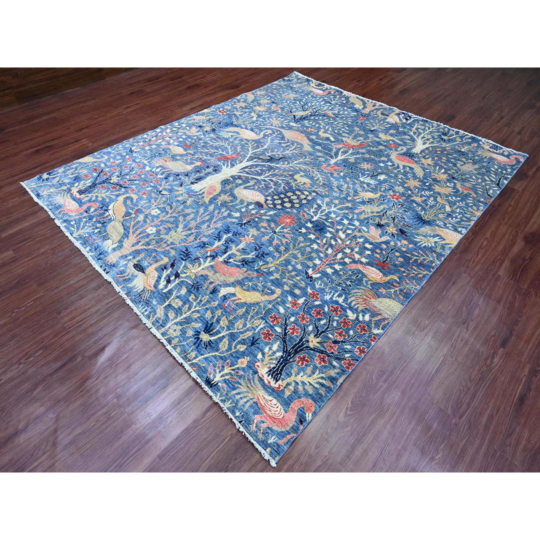 8'2"x9'8" Imperial Blue, Afghan Peshawar with Birds of Paradise Design, Soft and Shiny Wool, Natural Dyes, Hand Knotted, Oriental Rug Sh89847