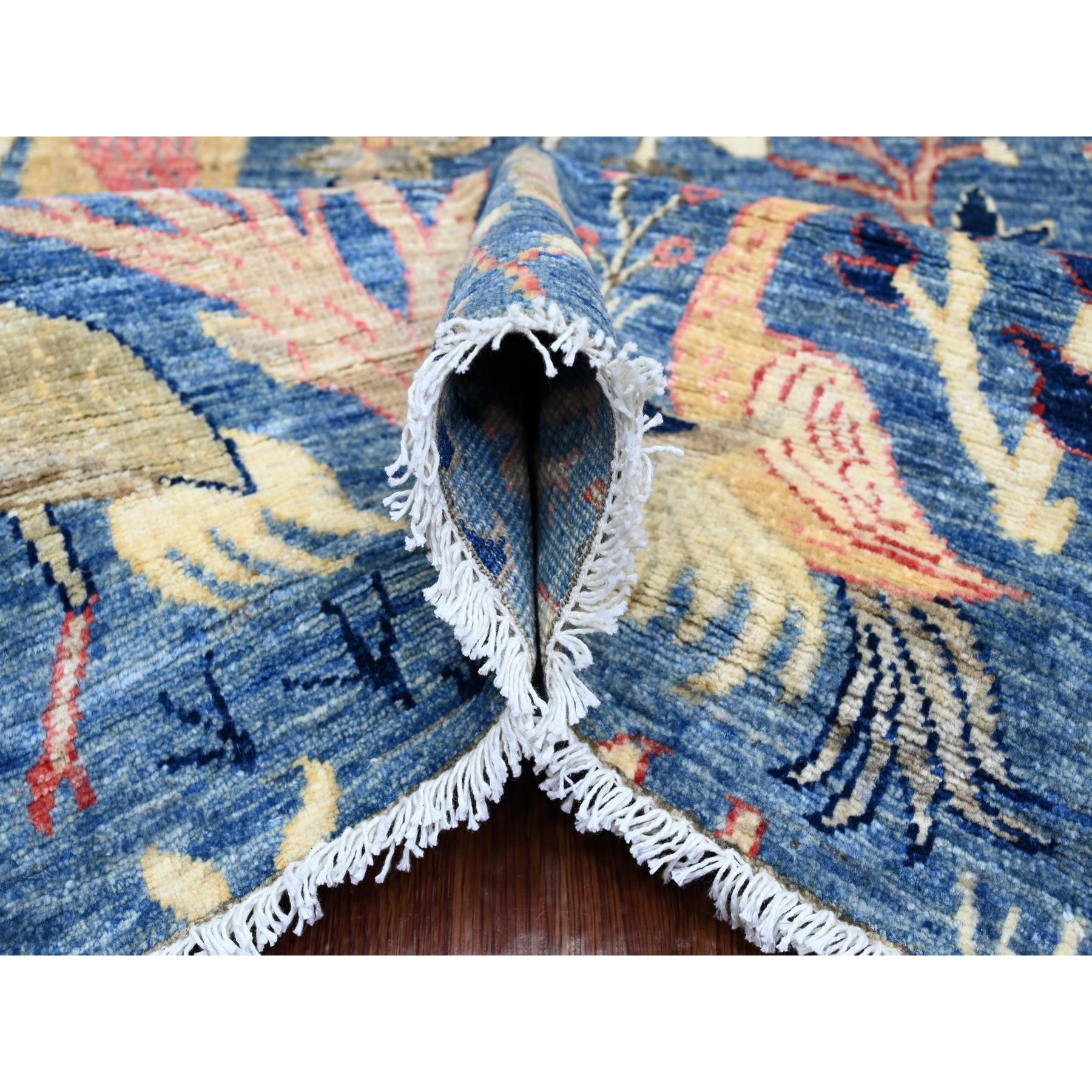 8'2"x9'8" Imperial Blue, Afghan Peshawar with Birds of Paradise Design, Soft and Shiny Wool, Natural Dyes, Hand Knotted, Oriental Rug Sh89847