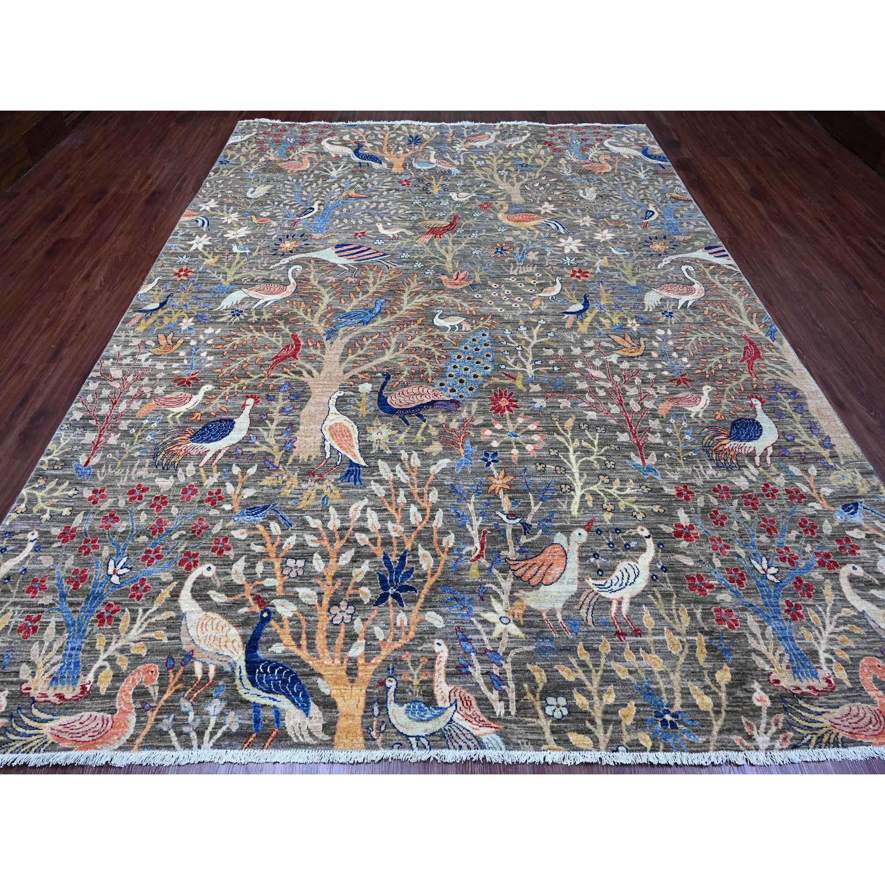 9'x11'10" Nickel Gray, 100% Wool, Afghan Peshawar, Tree of Life, Birds of Paradise Design, Hand Knotted, Vegetable Dyes, Oriental Rug Sh89849