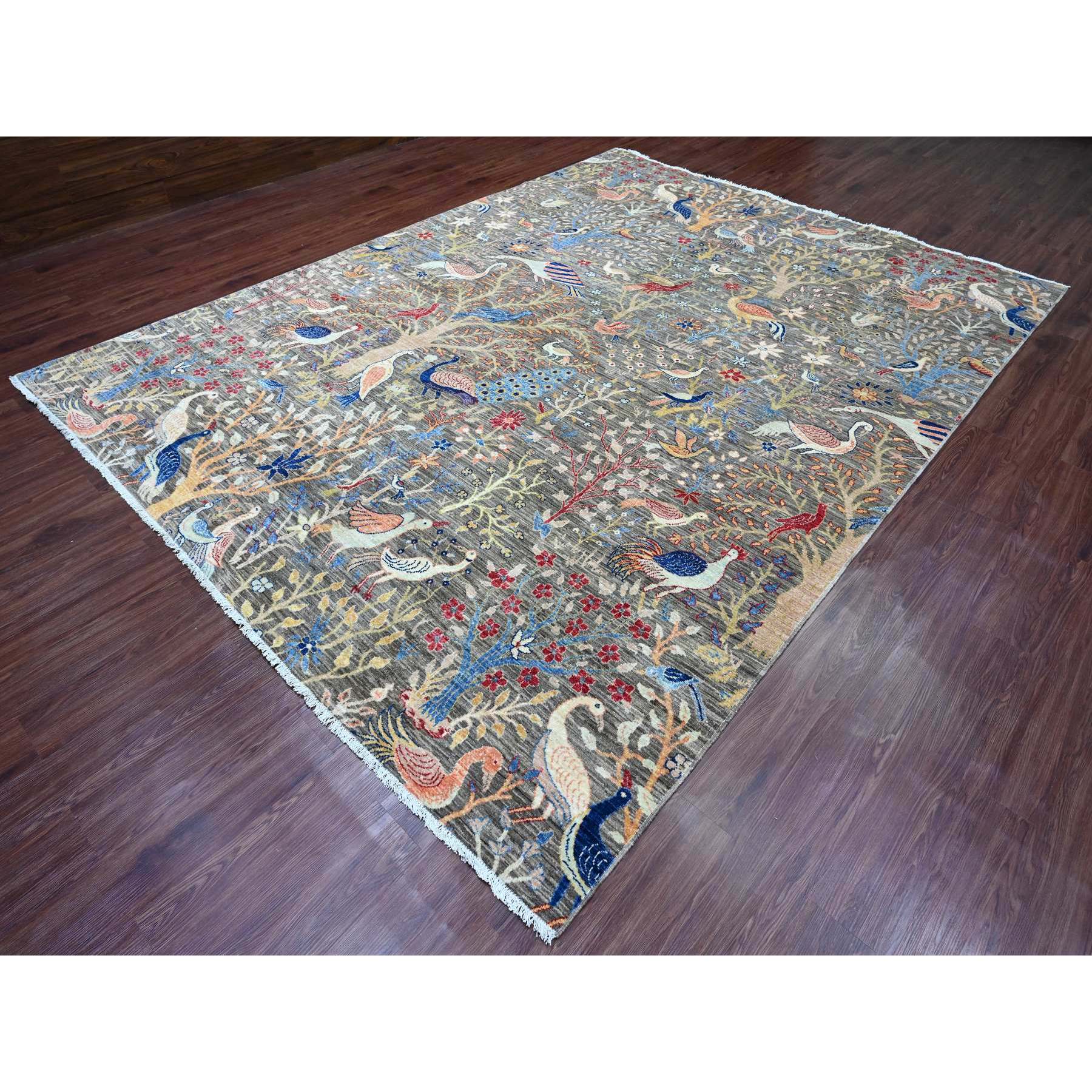 9'x11'10" Nickel Gray, 100% Wool, Afghan Peshawar, Tree of Life, Birds of Paradise Design, Hand Knotted, Vegetable Dyes, Oriental Rug Sh89849