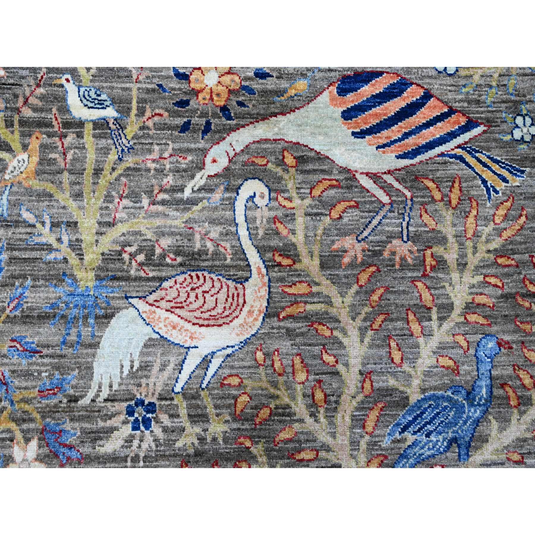 9'x11'10" Nickel Gray, 100% Wool, Afghan Peshawar, Tree of Life, Birds of Paradise Design, Hand Knotted, Vegetable Dyes, Oriental Rug Sh89849