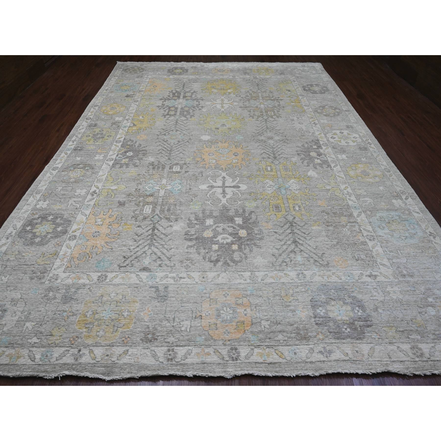 10'x13'6" Pastel Gray, Afghan Angora Oushak with Geometric Leaf Pattern, Veggie Dyes, Pure Wool, Hand Knotted, Oriental Rug Sh89857