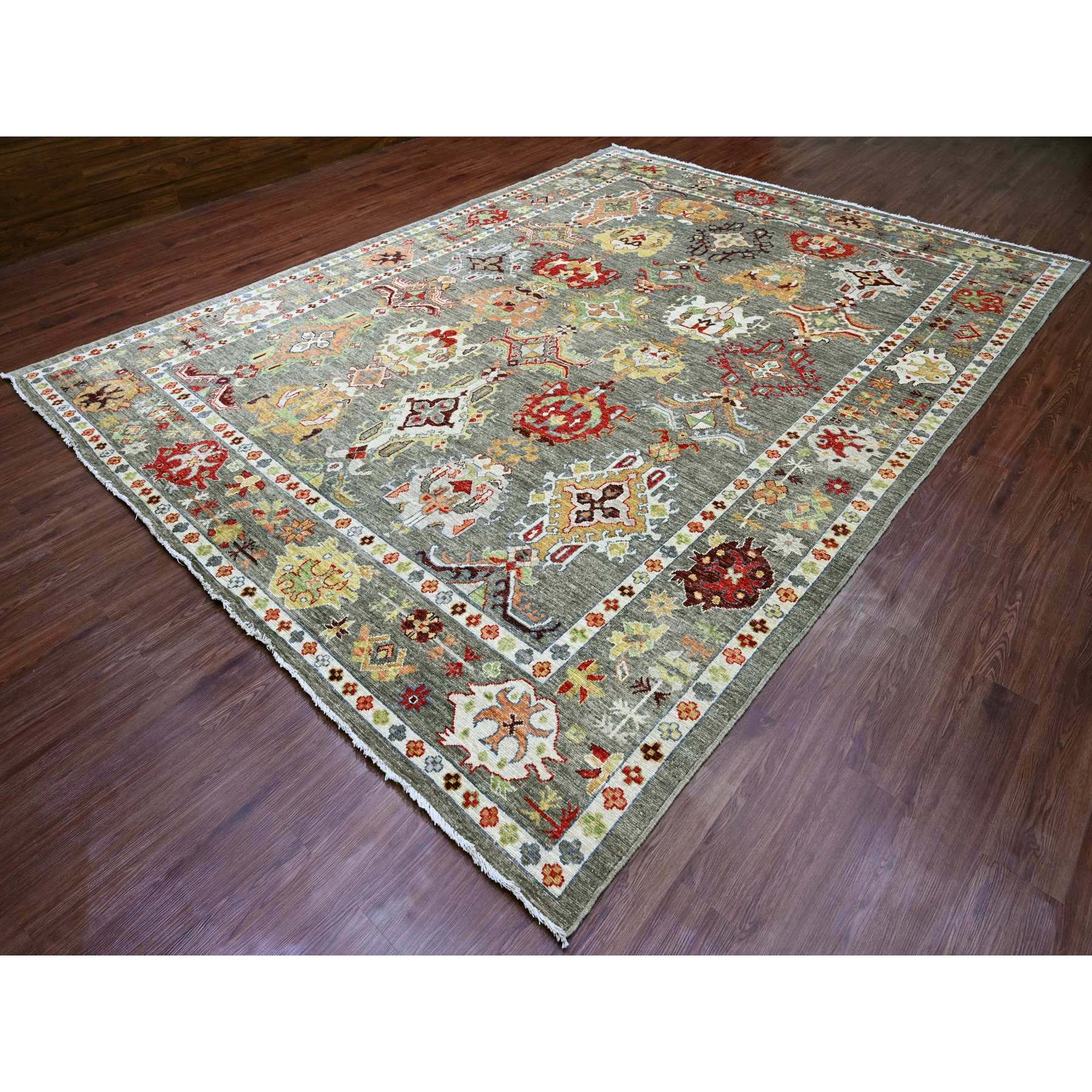 9'10"x13'3" Sage Green, Afghan Angora Oushak with Colorful Leaf Design, 100% Wool, Hand Knotted, Natural Dyes, Oriental Rug Sh89859