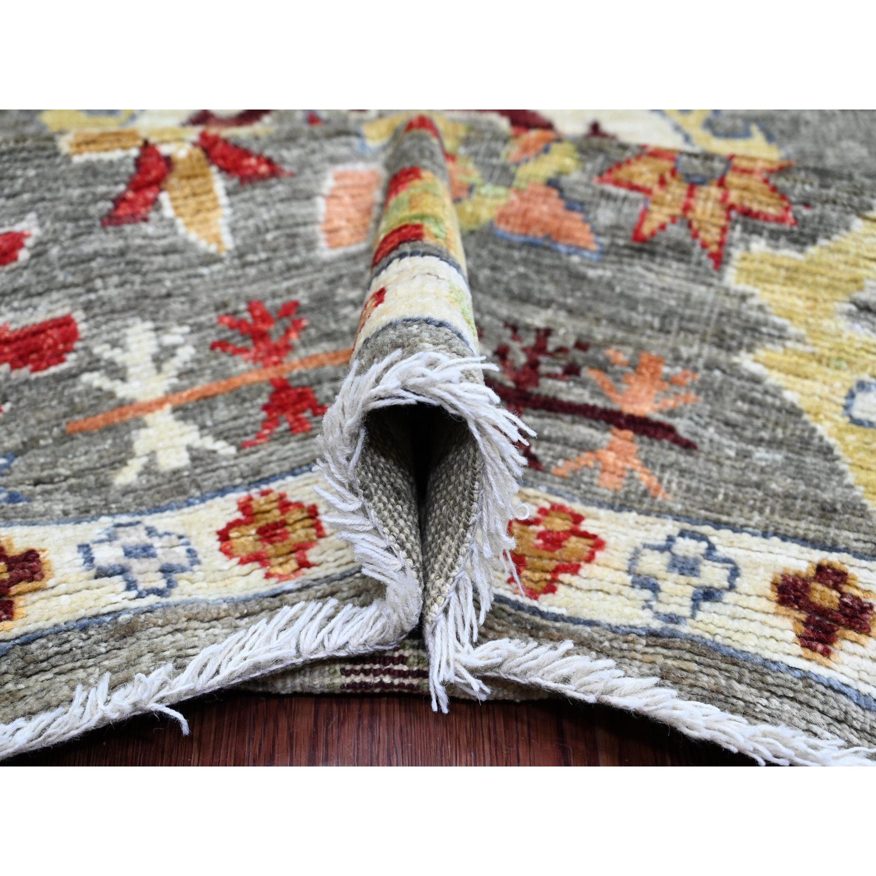 9'10"x13'3" Sage Green, Afghan Angora Oushak with Colorful Leaf Design, 100% Wool, Hand Knotted, Natural Dyes, Oriental Rug Sh89859