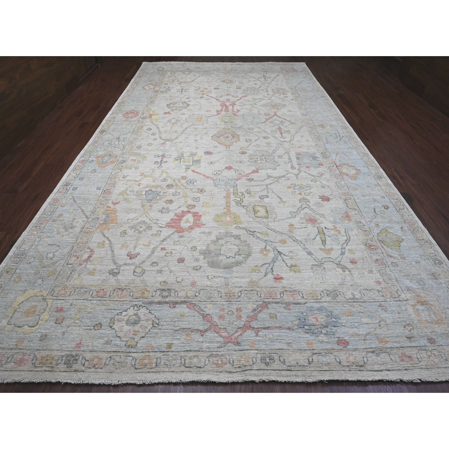 9'8"x17' Alabaster White, Afghan Angora Oushak with All Over Vines Design, Vegetable Dyes, 100% Wool, Hand Knotted, Gallery Size, Oversized, Oriental Rug Sh89861
