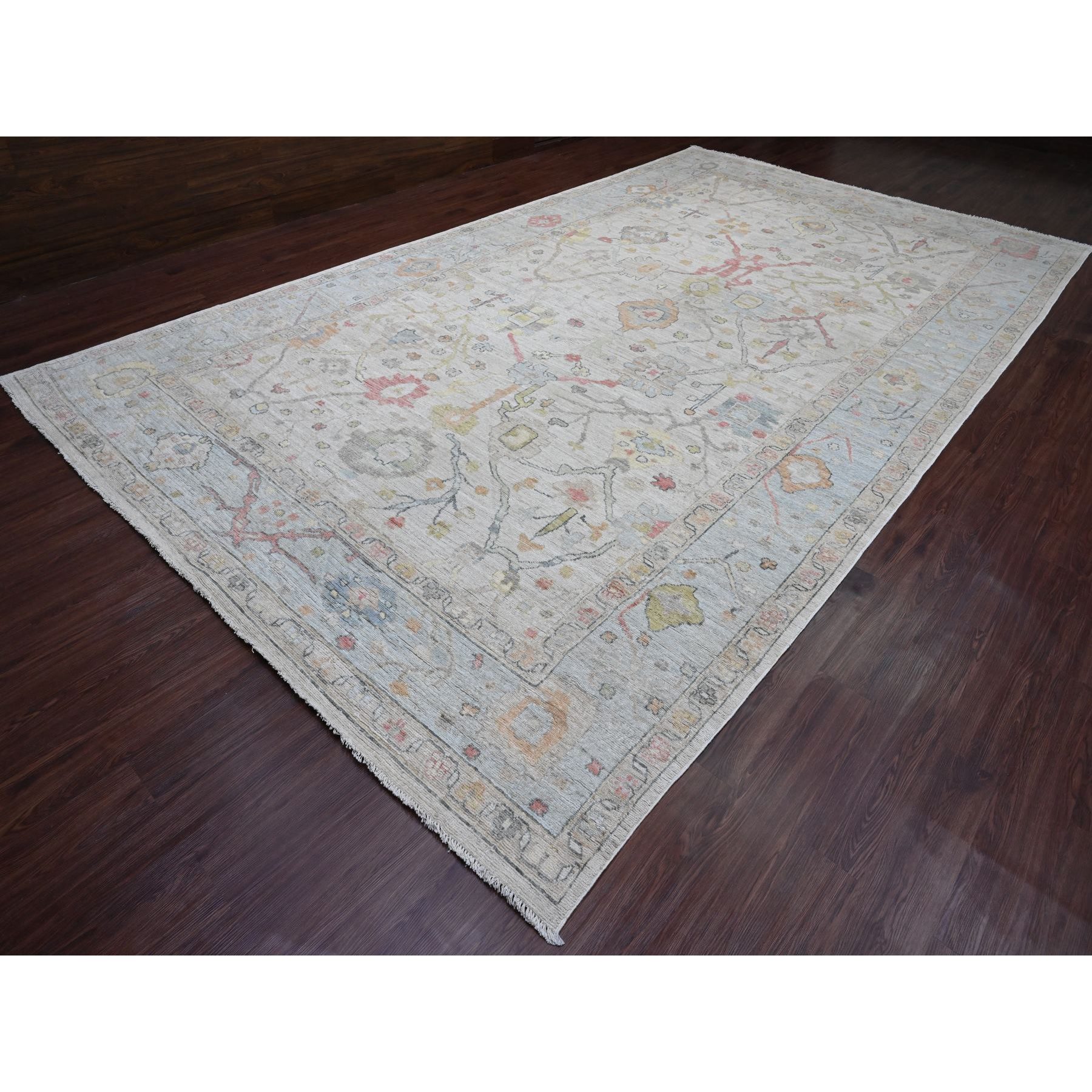 9'8"x17' Alabaster White, Afghan Angora Oushak with All Over Vines Design, Vegetable Dyes, 100% Wool, Hand Knotted, Gallery Size, Oversized, Oriental Rug Sh89861