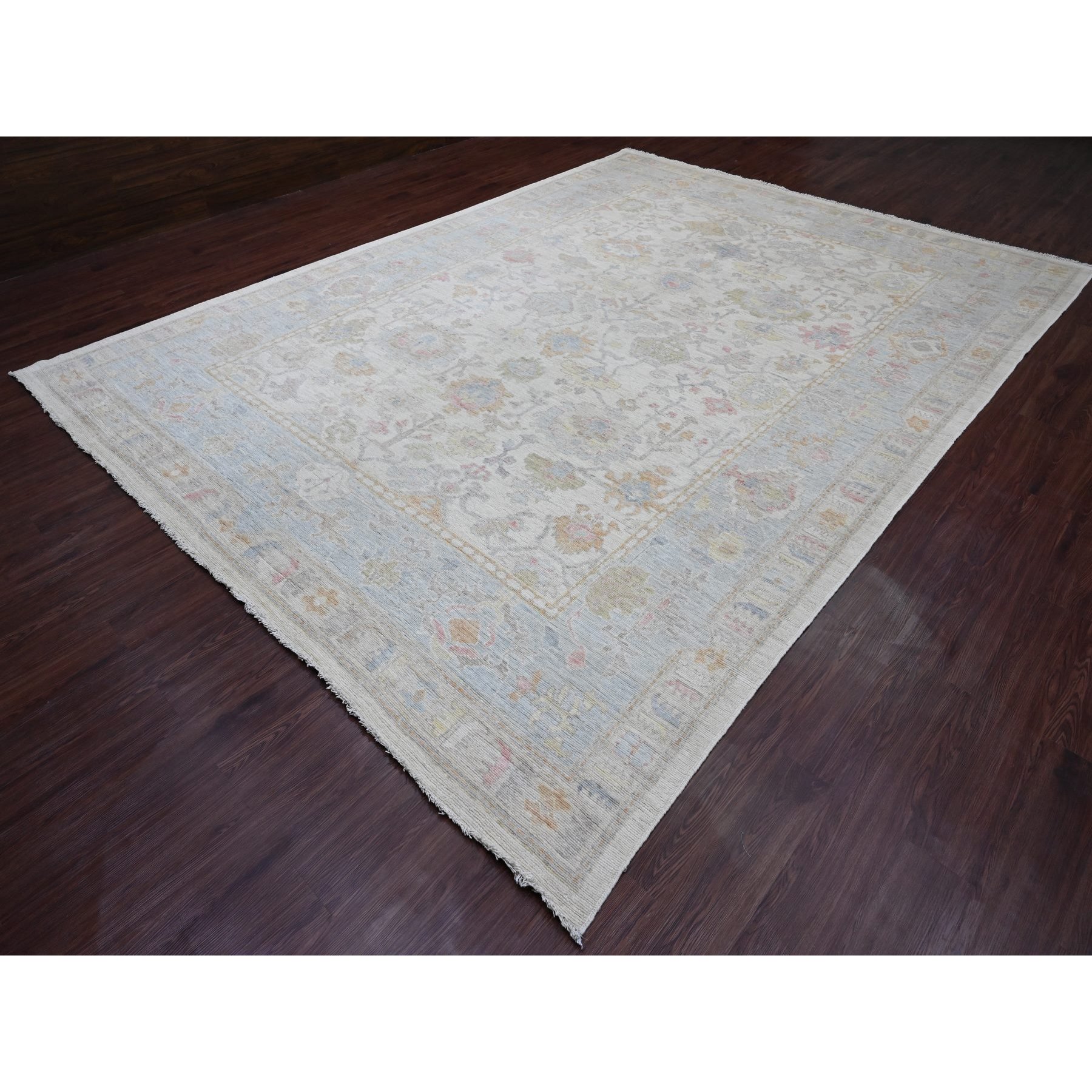 9'9"x13'3" Cotton White, Hand Knotted, Afghan Angora Oushak with All Over Vines Design, Natural Dyes, Pure Wool, Oriental Rug Sh89863