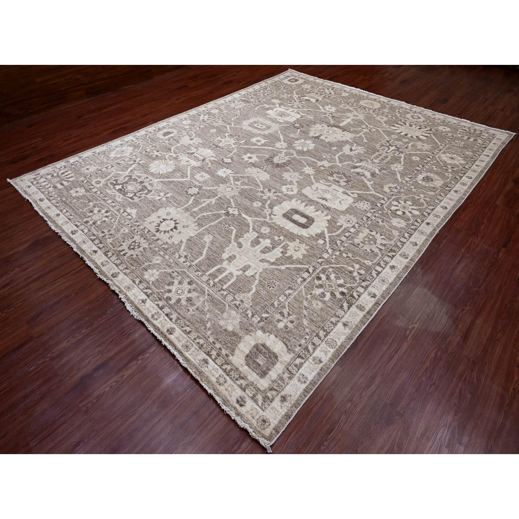 9'x11'9" Coffee Brown, Afghan Angora Oushak with All Over Leaf Design, Hand Knotted, Vegetable Dyes, 100% Wool, Oriental Rug Sh89867