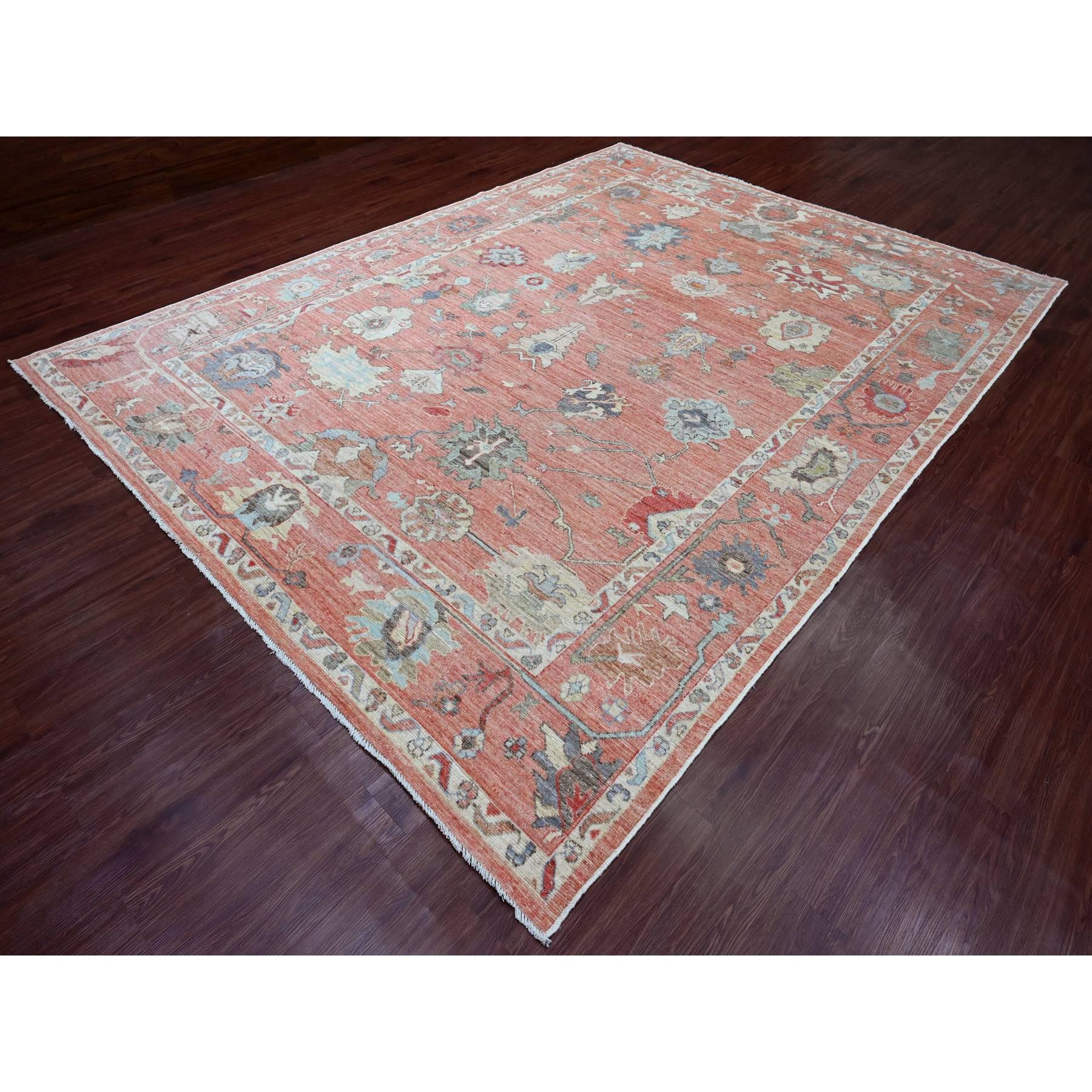 9'x11'9" Blush Red, 100% Wool, Afghan Angora Oushak with Floral Design, Natural Dyes, Hand Knotted, Oriental Rug Sh89869